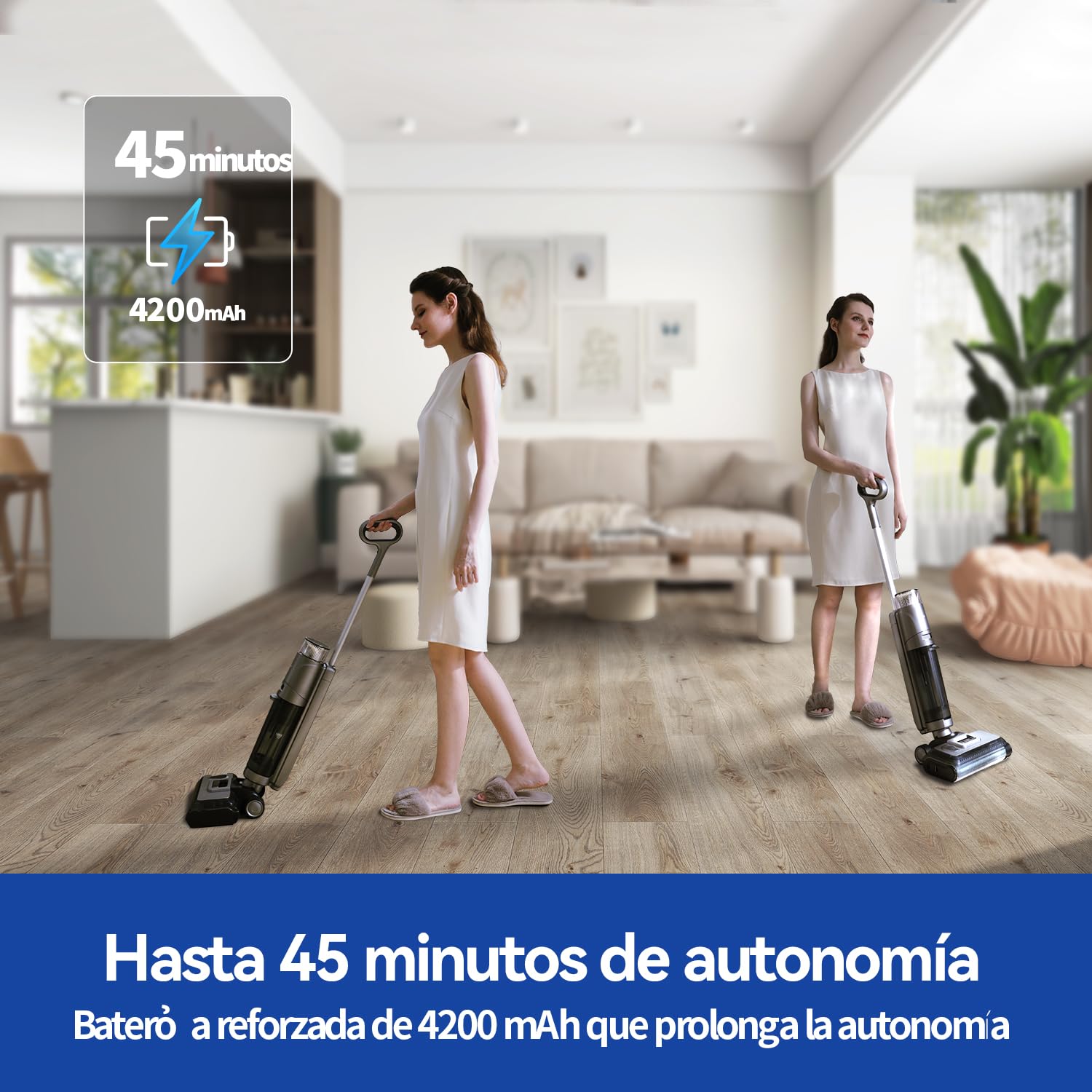 Aspiradora Fregona y Fregona Eléctrica Sin Cable, 45 Min de Autonomía, 17,5KPa de Potente Succión, Fregona Eléctrica Inteligente con Autolimpieza y Auto-Secado