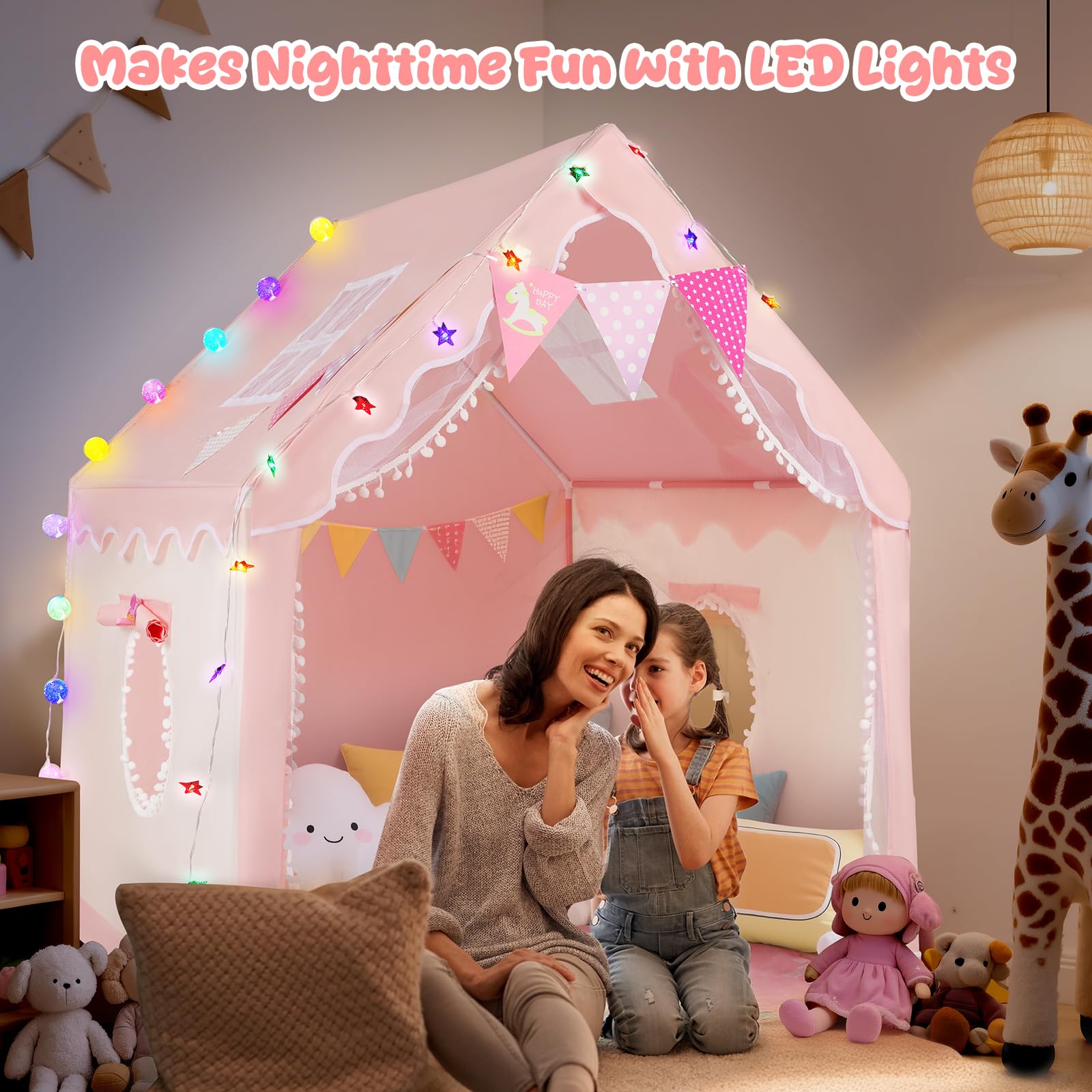 130CM Tienda Campaña Infantil Casita Infantil Exterior Tienda de Juego para Niños con Toldo Tienda de Juegos Interior y Luces Rincón Acogedor para Niños Playhouse Infantil Casa de Juegos