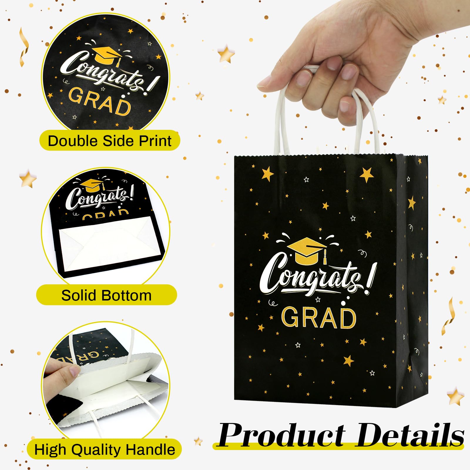Tuzuaol Graduation Gift Bags - 12 Pack Black & Gold Paper Bags With Tissue & Handles