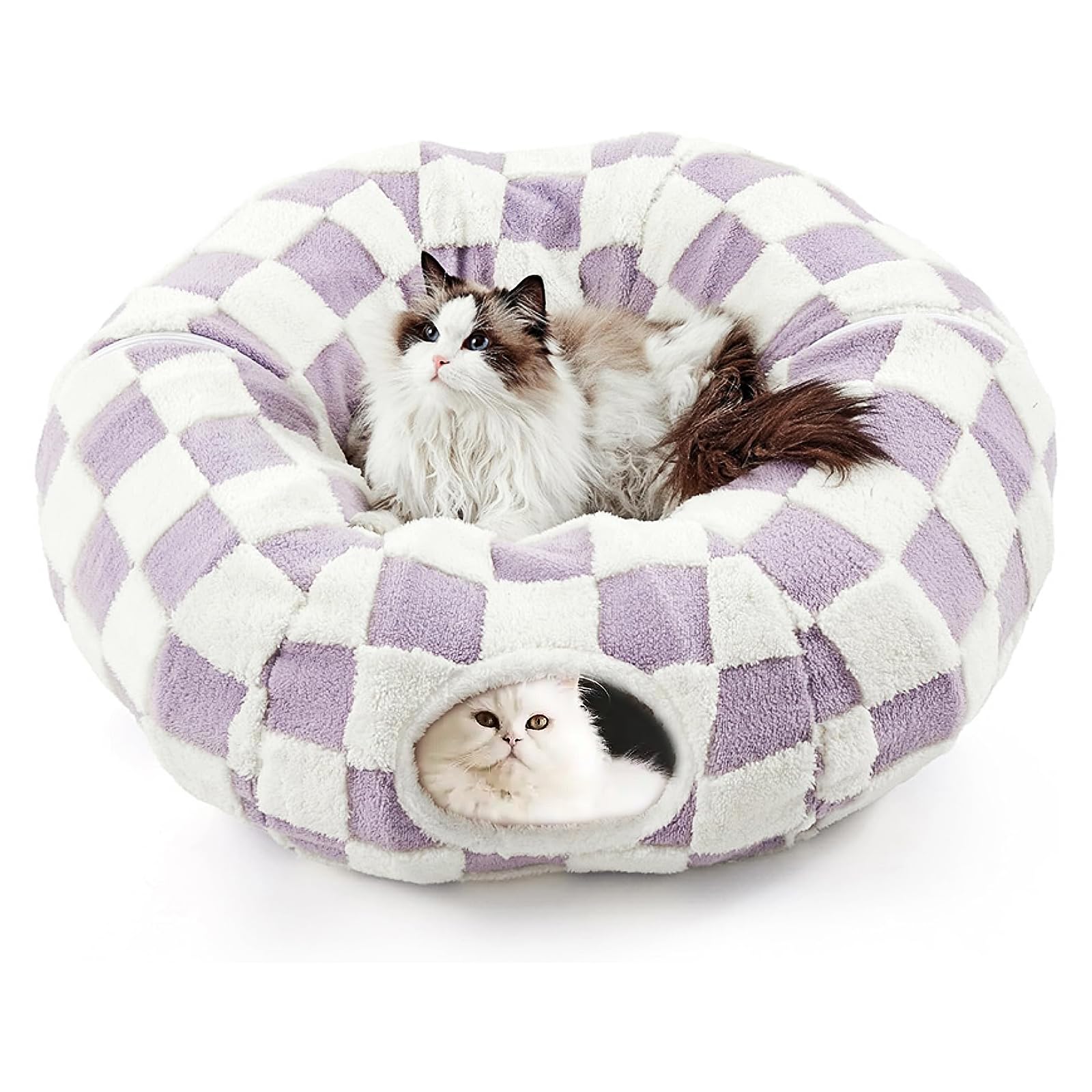 DFENGDF Cat Tunnel Bed with Washable Cushion for Indoor Cat, Donut Cave Tube Toys for Kitten Puppy Rabbit, Purple