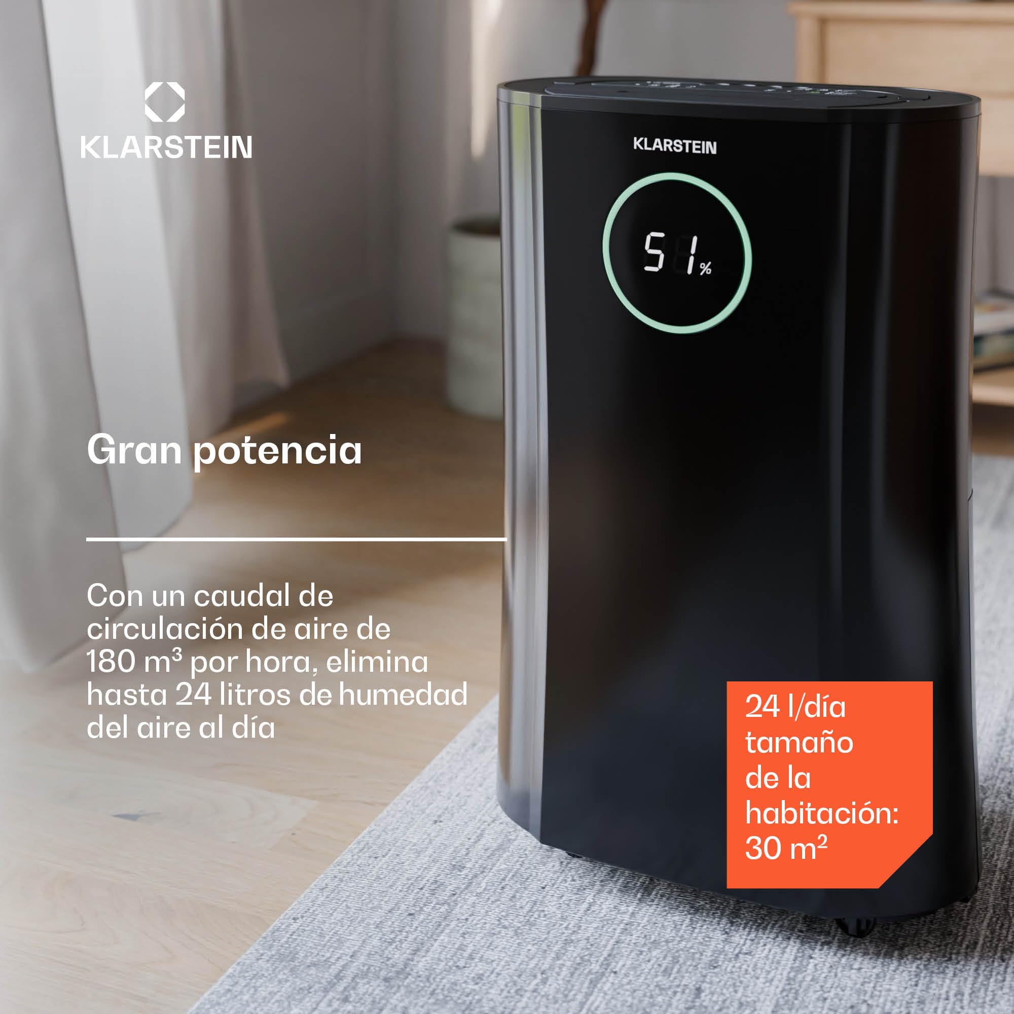 Klarstein DryFy ProConnect 24L Deshumidificador Smart, Wi-Fi, Silencioso, Bajo Consumo, Temporizador 24h, Filtro HEPA, Control de Humedad, Portátil para Hogar/Oficina, Habitaciones hasta 36m², Negro