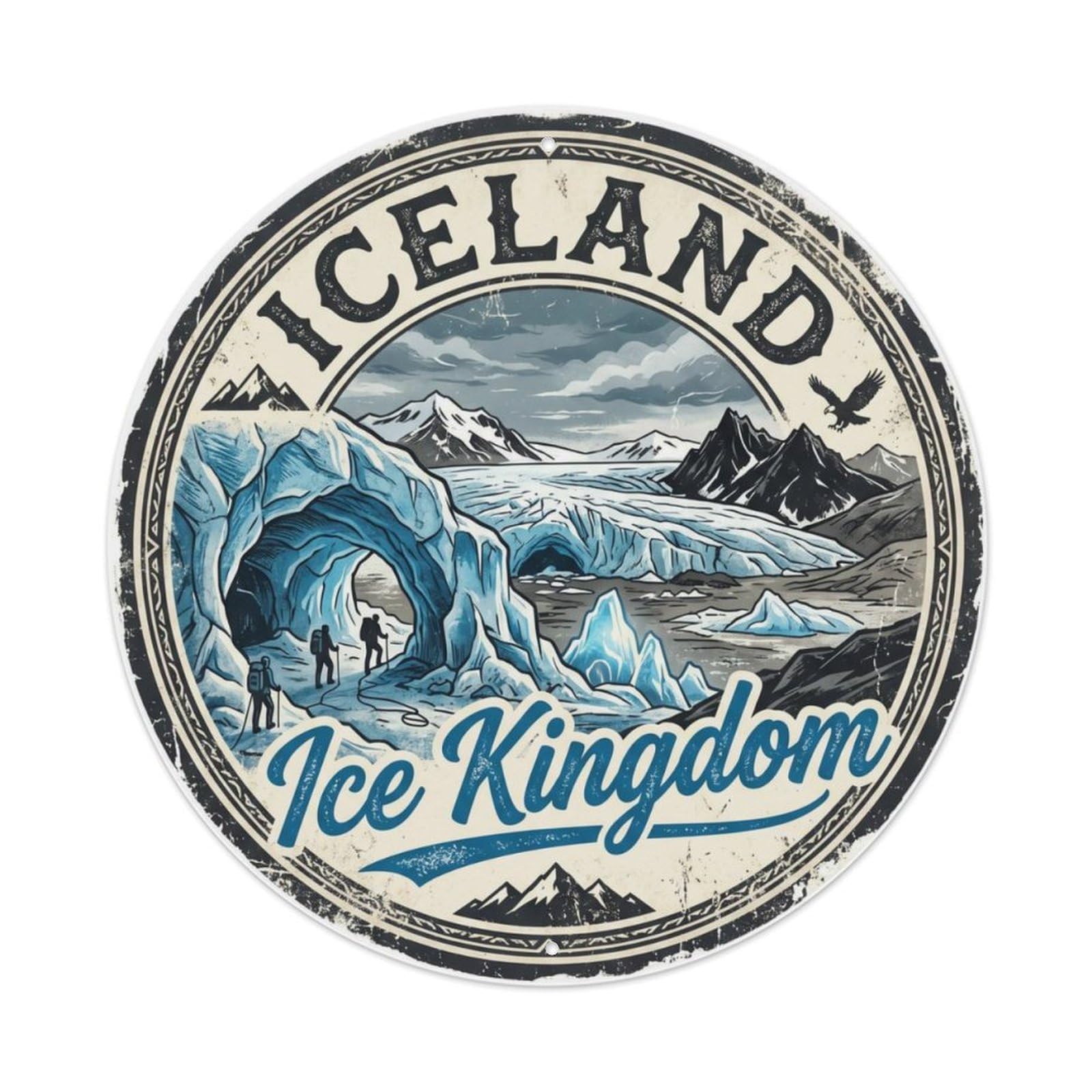 Vintage Travel Vatnajokull Iceland Glacier 1 Metal Tin Sign Plaque Wall Decor for Cafe, Club, Garden Round Metal Poster 8x8Inch