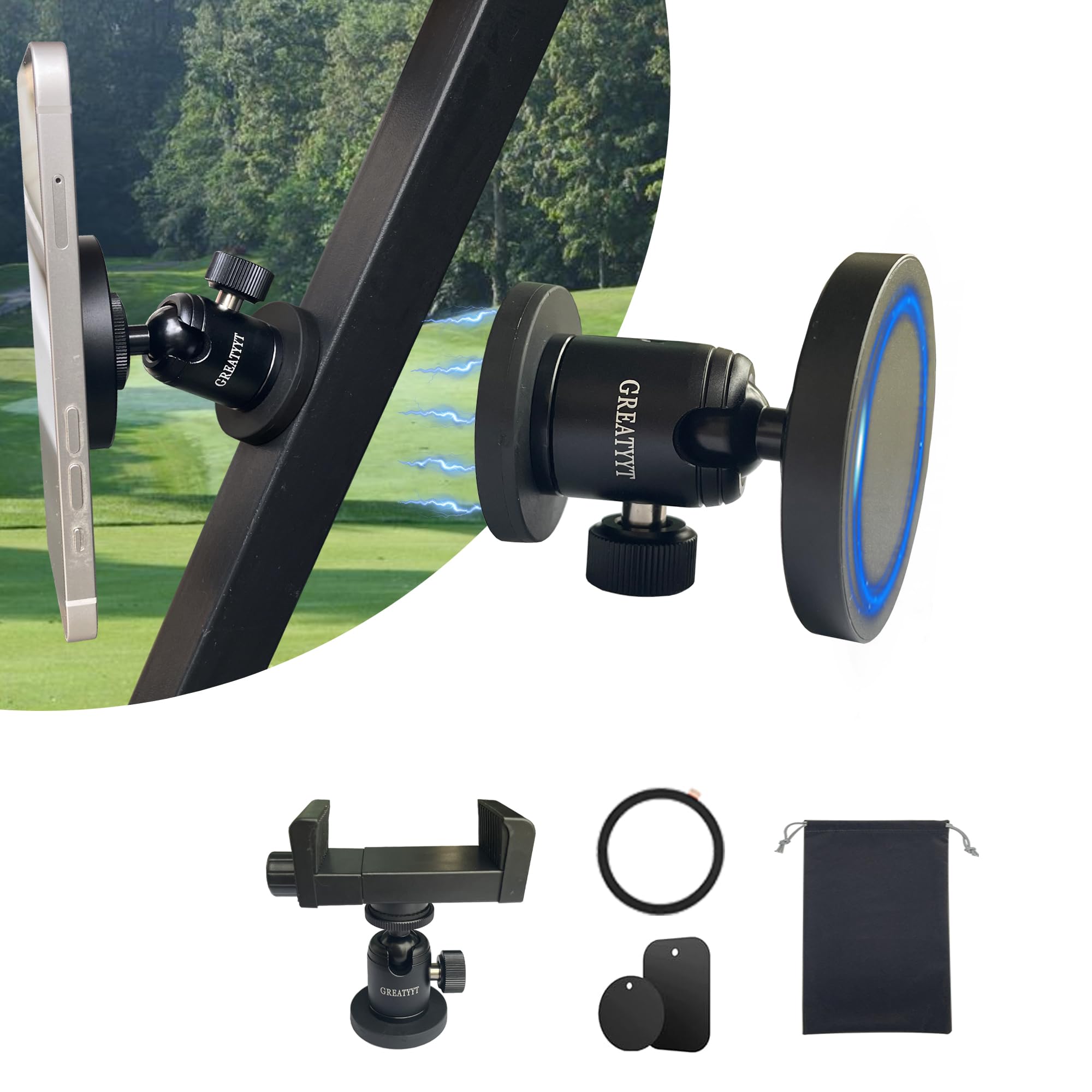 Dual Magnetic Golf Cart Phone Holder, Magnetic and Phone Clamp Two Mount Option Compatible with iPhone & Android, Aluminum Metal,360-Degree Rotation.