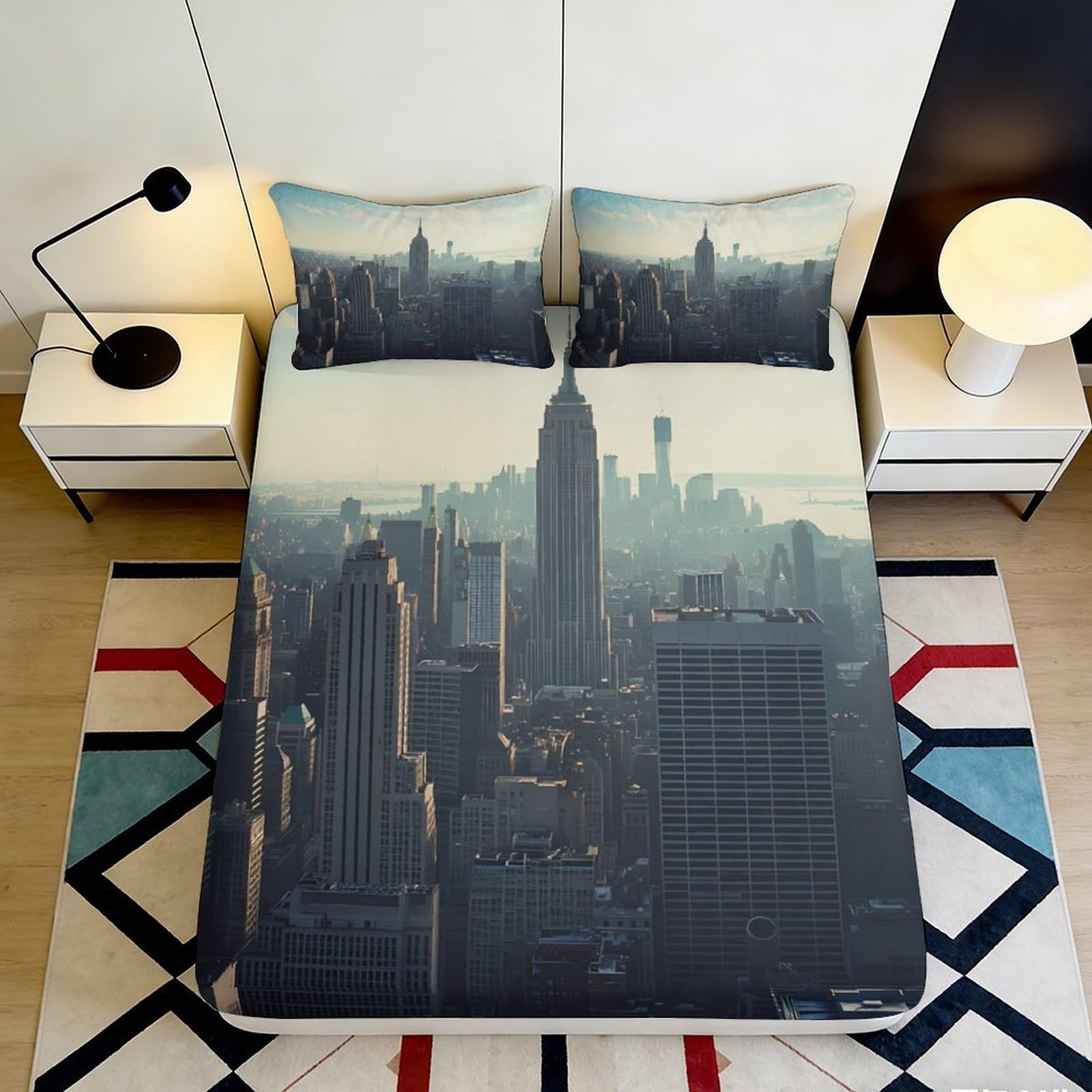 Jqzkxnhpbr Style-4 3D Printed New York City Skyline Fitted Sheet Microfiber Soft Urban Skyscraper Bed Cover For Modern Bedroom Decor 90X200x25cm