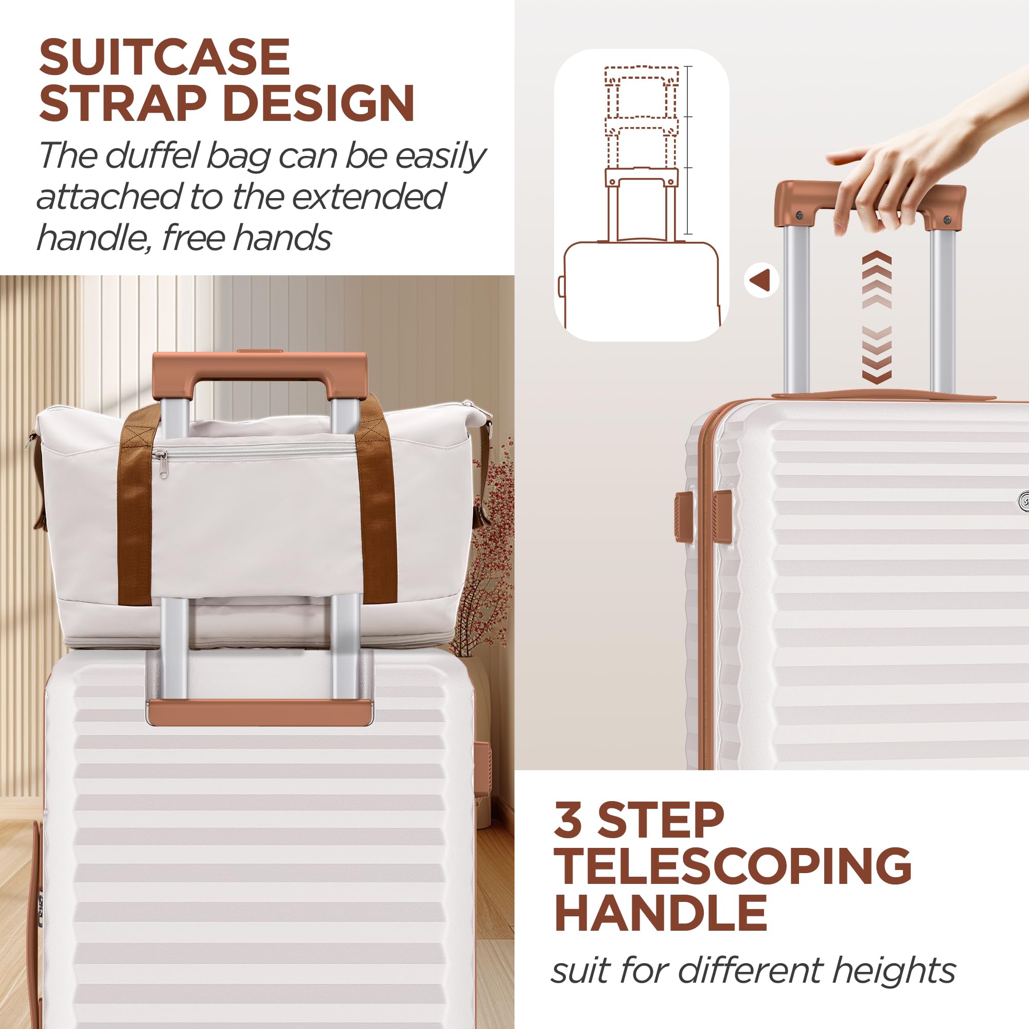 SHOWKOO Set Valigie 5 Rigide Espandibile Set Trolley da Viaggio 100% PC Bagaglio a Mano Valigia Grande Cabina con Borsa da Toilette e Borsa da Viaggio, Beige Bianco