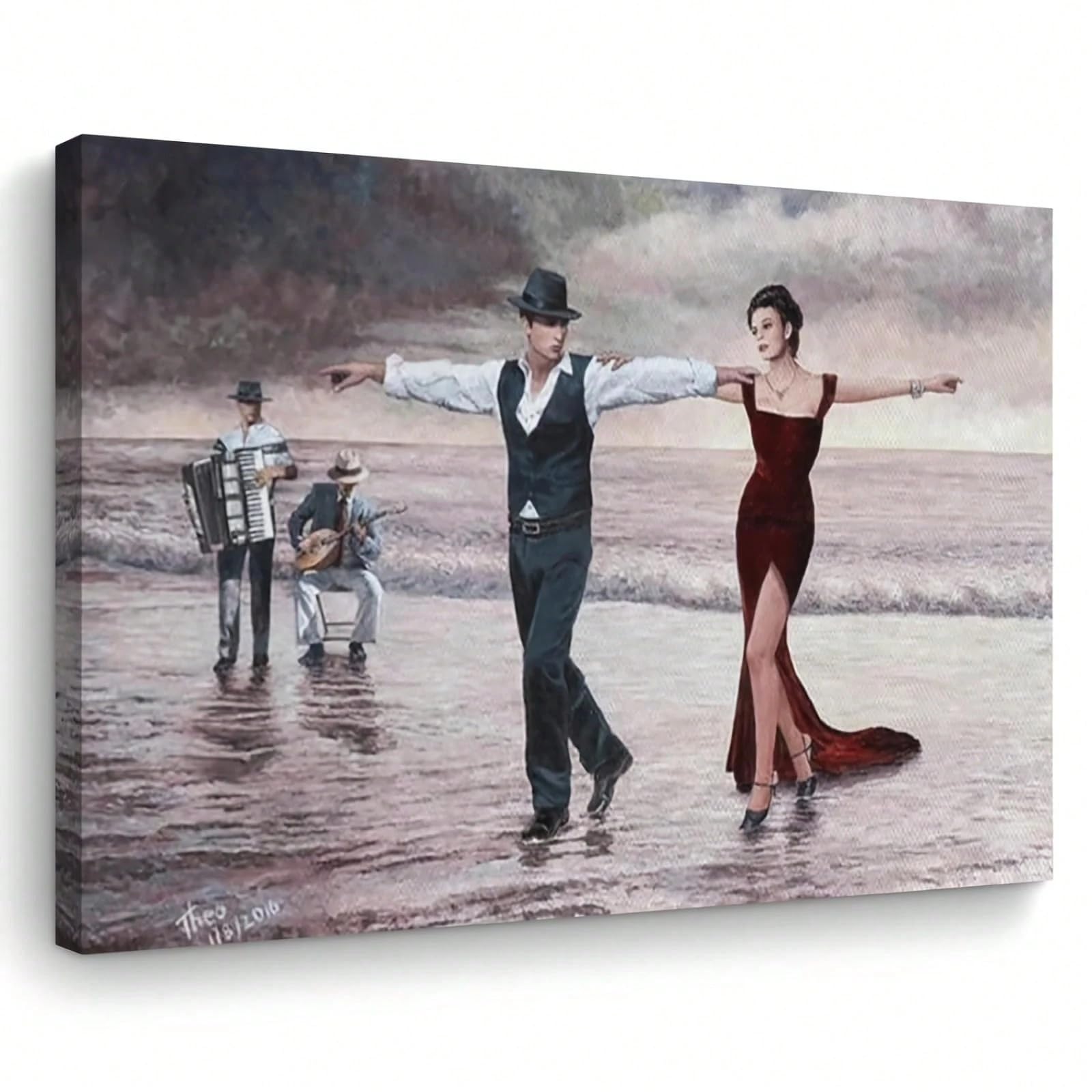 AIHNBF Romantyczny taniec plażowy, obraz na płótnie, para tańców w stylu vintage, obraz z muzykami nad morzem, do salonu, sypialni, dekoracja ścienna, 80 x 120 cm