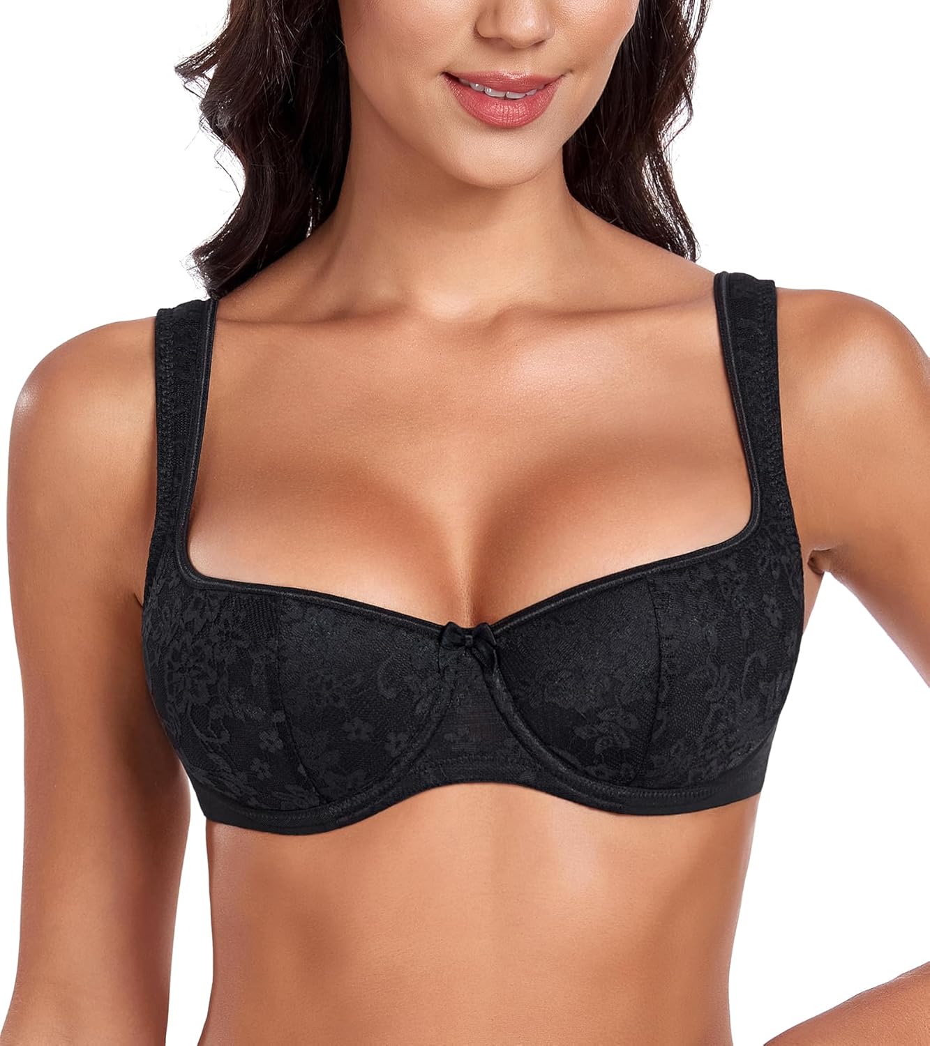 DotVol Women's Lightly Padded Floral Lace Demi Wide Straps Underwire Balconette Bra