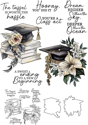 Juego de libros de graduación y flores, sellos y troqueles transparentes para hacer tarjetas, suministros de álbumes de recortes, sellos de silicona