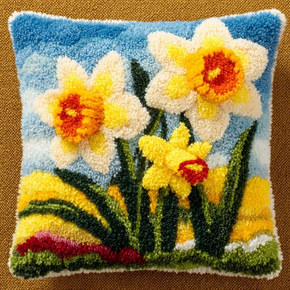 AxiangziK Latch Hook Kits 17x17in,Daffodils Latch Hook Craft Decorative Tapestry DIY Needlework Rug Kits for Beginners Children Adults and Seniors