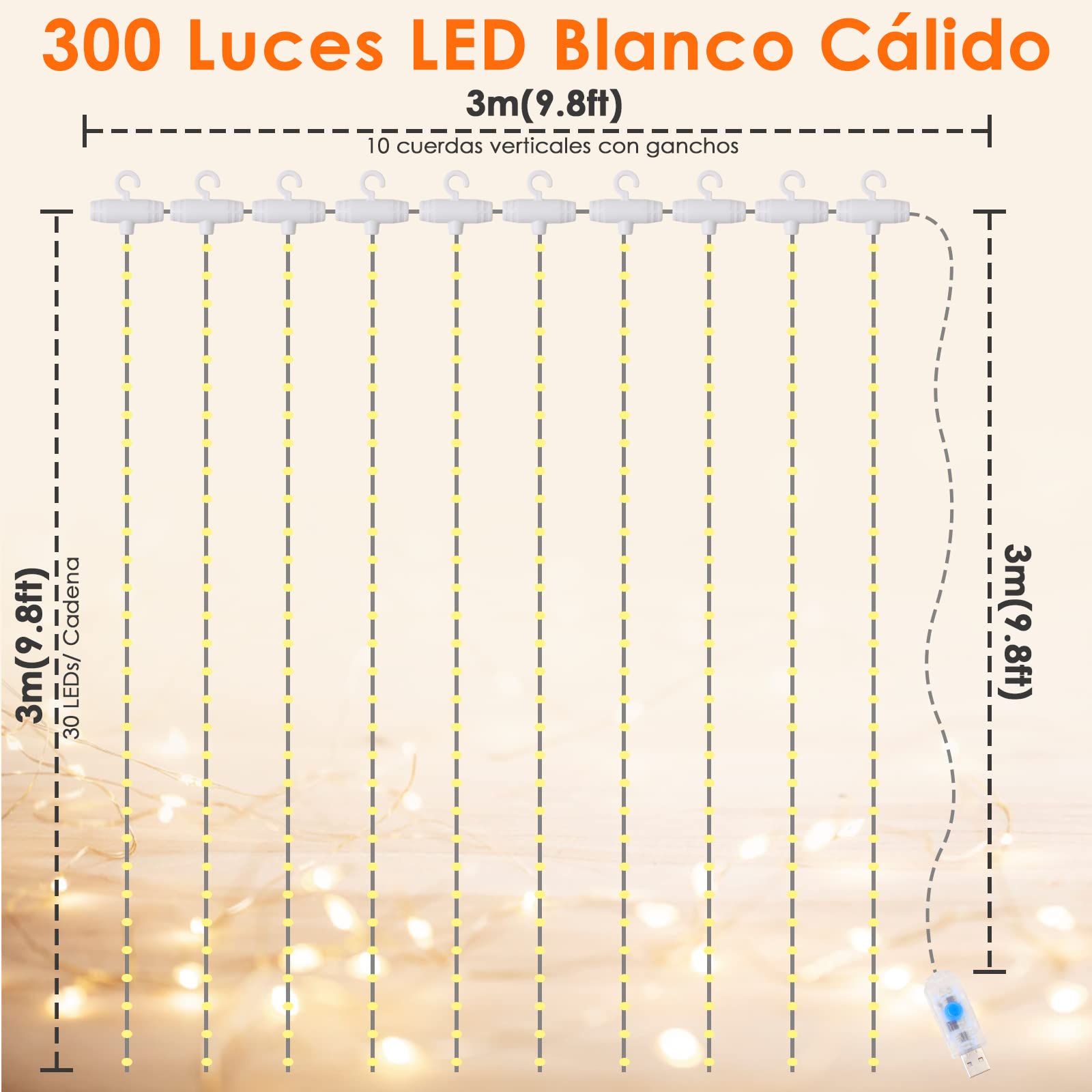 Cortina de Luces 3x3M 300 LED, Anpro Cortina Luces Navidad Christmas Decorations, 8 Modos, Blanca Cálida para Navidad,Decoracion Exteriores