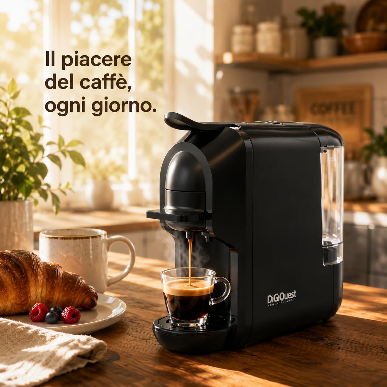 DIGIQUEST Macchina da caffè COFFY BLACK 3in1 compatibile con cialda, capsule Nespresso® e Lavazza® A Modo Mio® | Caffè corto e lungo | Potenza 1450 W | 0,6 Litri | 19 Bar