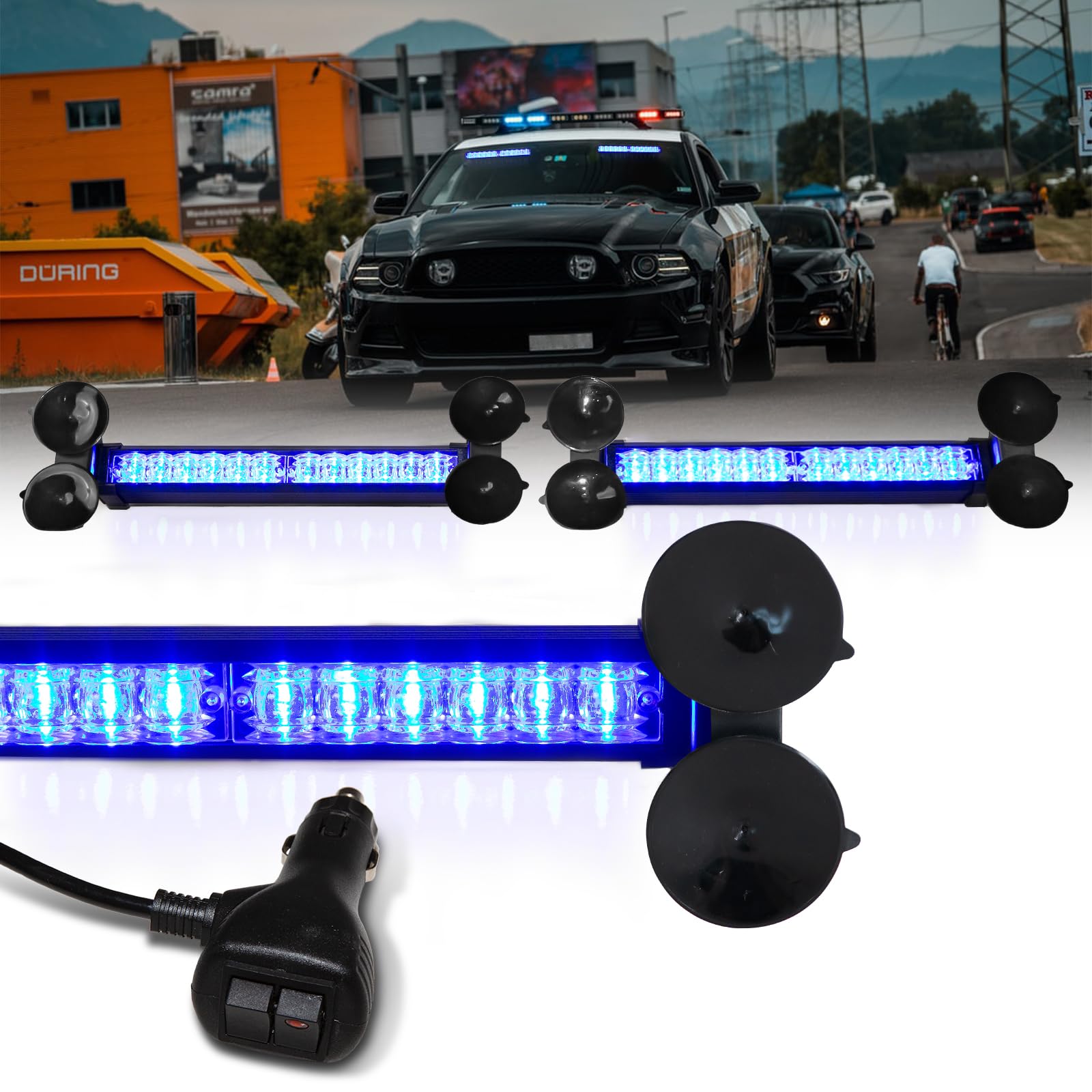 LUMENIX 2x12 Inch Blue LED Emergency Strobe  Light Bar Windshield Warning Flashing Cop Lights 2-in-1 Traffic Advisor Directional Lightbar for Response Vehicles Trucks Firefighters Volunteer