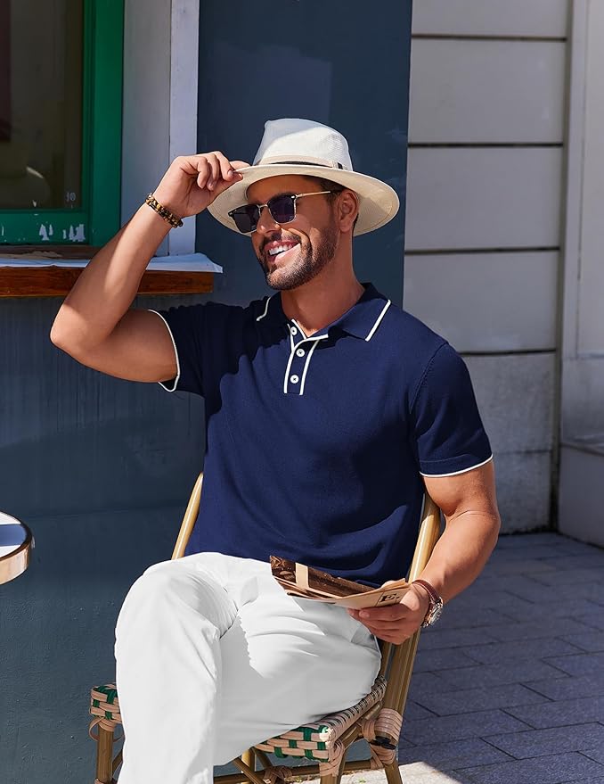 COOFANDY Mens Knit Polo Shirts Short Sleeve Vintage Stretch Polo T Shirts Casual Summer Golf Shirts