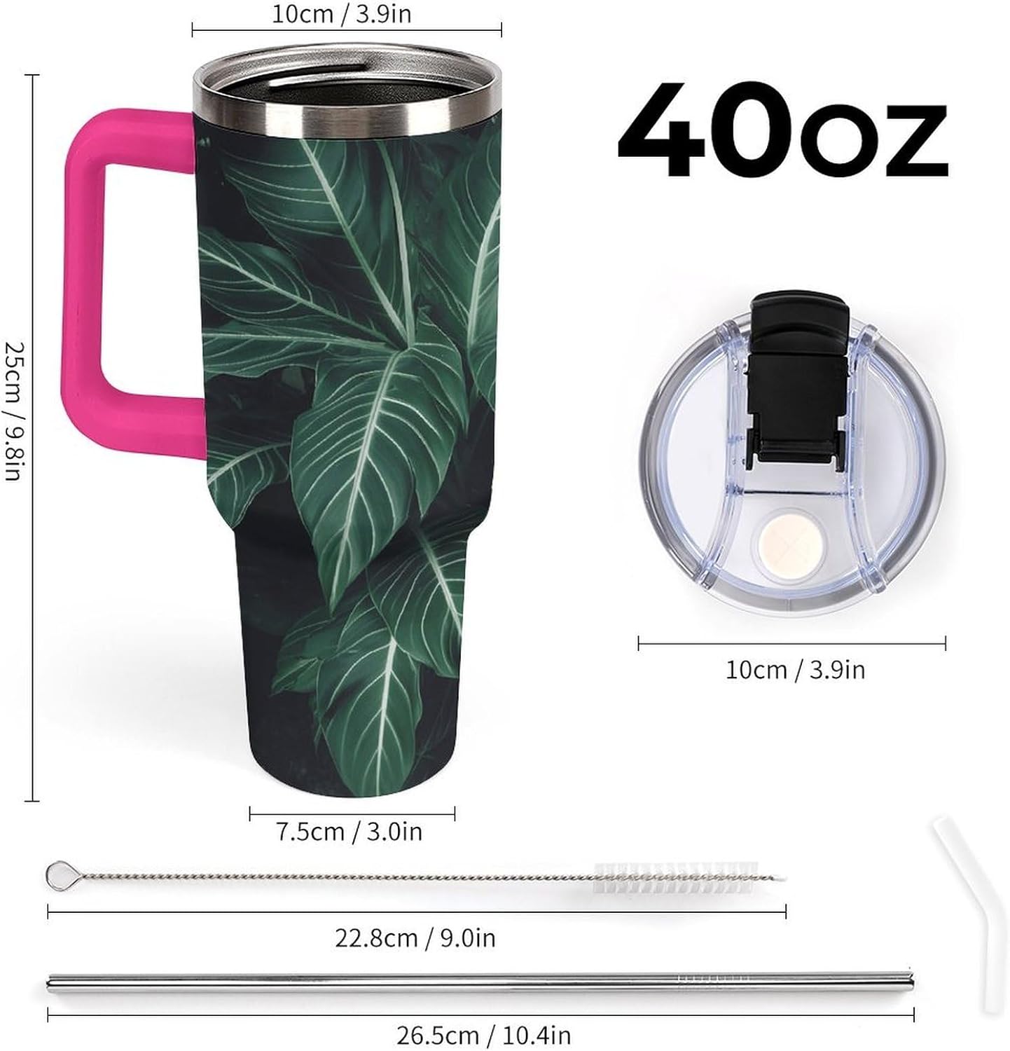 Large Car Cup with Handle&Lid Fashion Green Long Leaves Tumbler Sturdy Insulated Water Bottle Stainless Steel Vacuum Travel Mug Portable Coffee Cup for Home Outdoor 40 Oz Light Rose Red-style