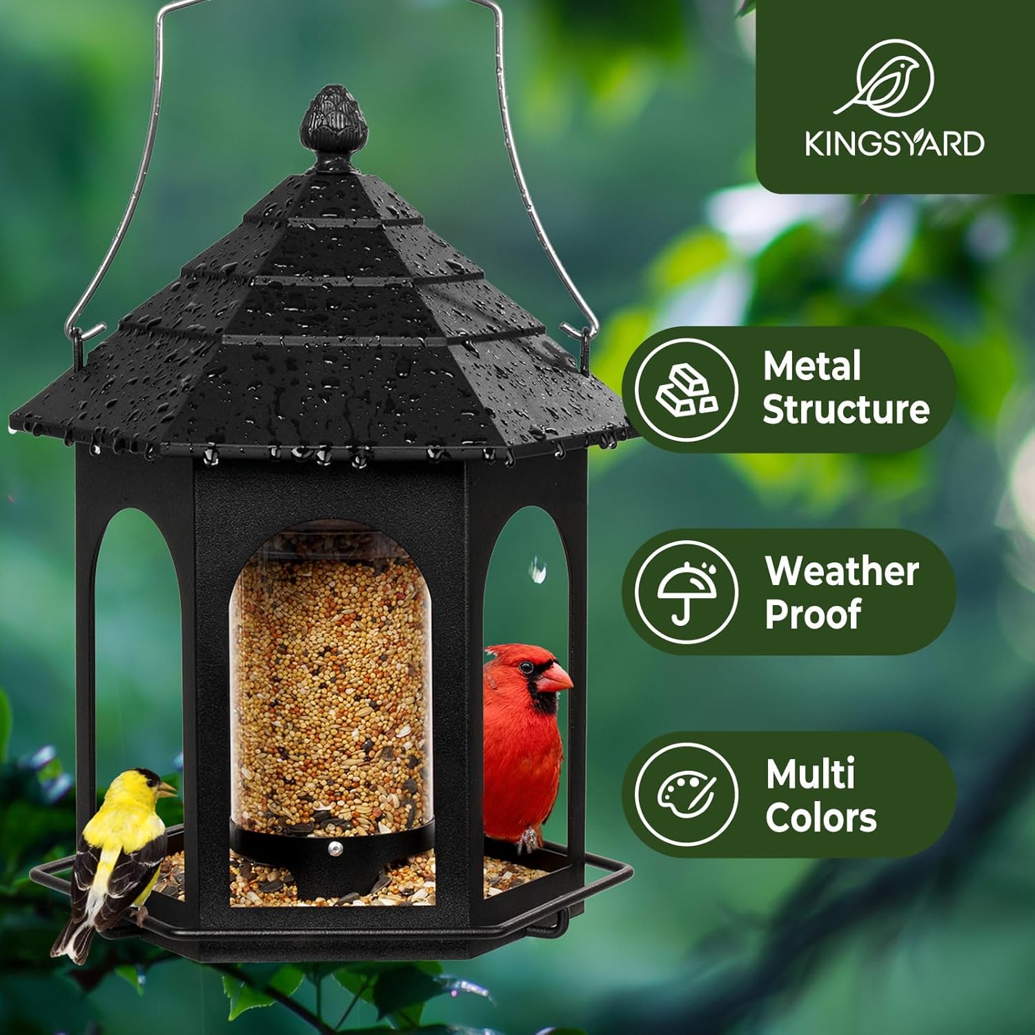 Kingsyard Metal Bird Feeder for Outdoors Hanging, 3 lbs Seed Feeder, Wild Bird Feeders for Garden Cardinal Finch Bluebird, Easy to Fill & Clean, Black