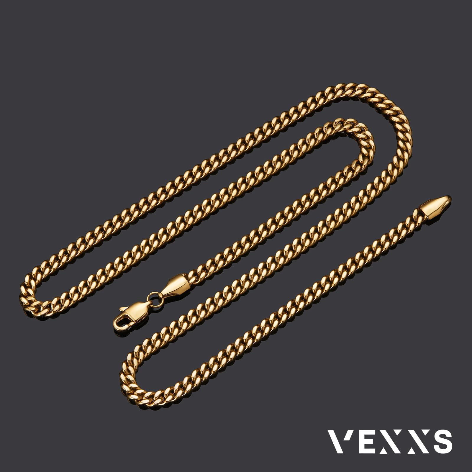 VEXXS Panzerkette Herren Kubanisch Edelstahl 18 Karat Vergoldet 4/5/6mm Halskette Goldkette 46-66cm