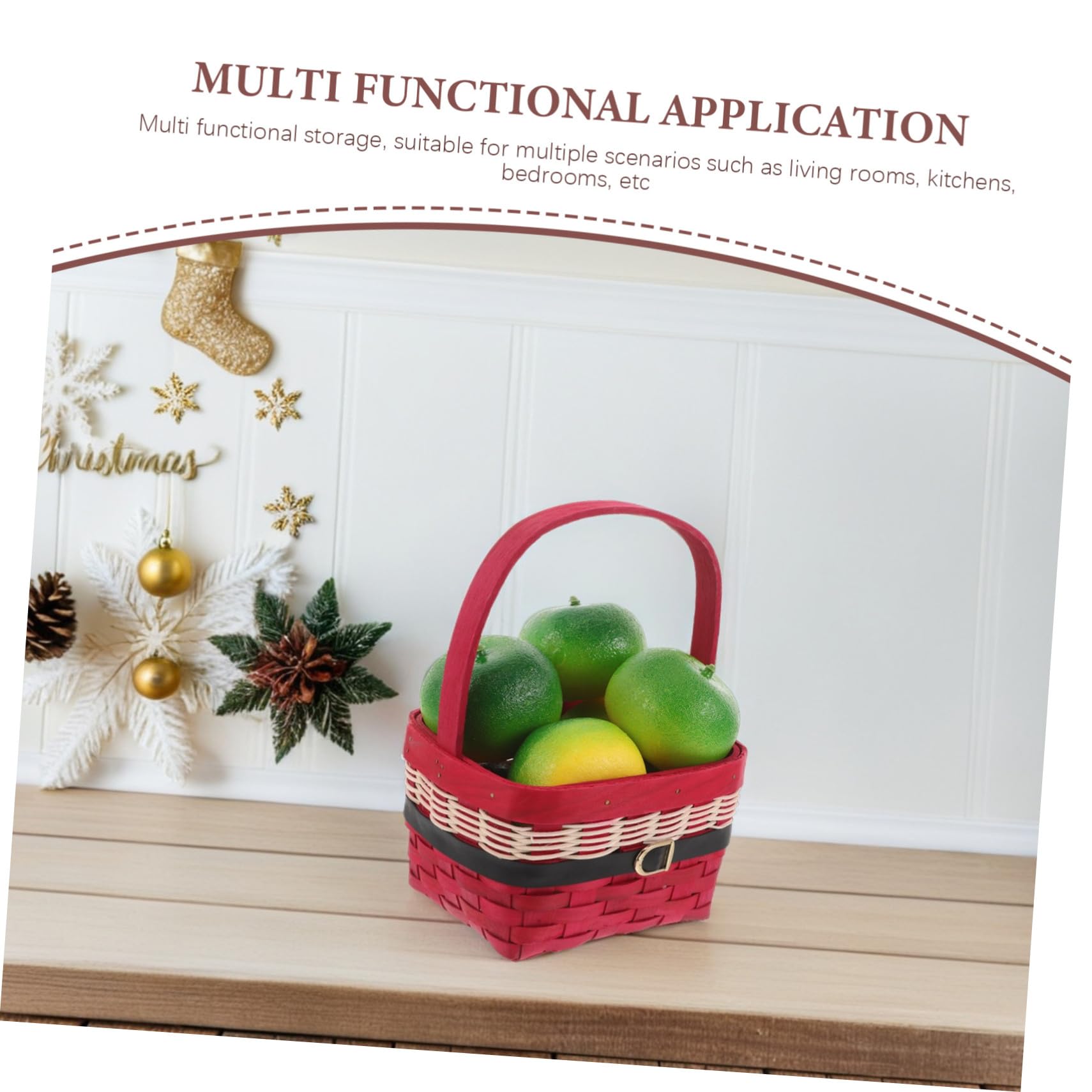 Cesta Navideña Decorativa Cuadrada Tejida Mano con Asa Organizador Portátil para Frutas y Regalos Cesta de Almacenamiento Resistente para Mesa y Despensa