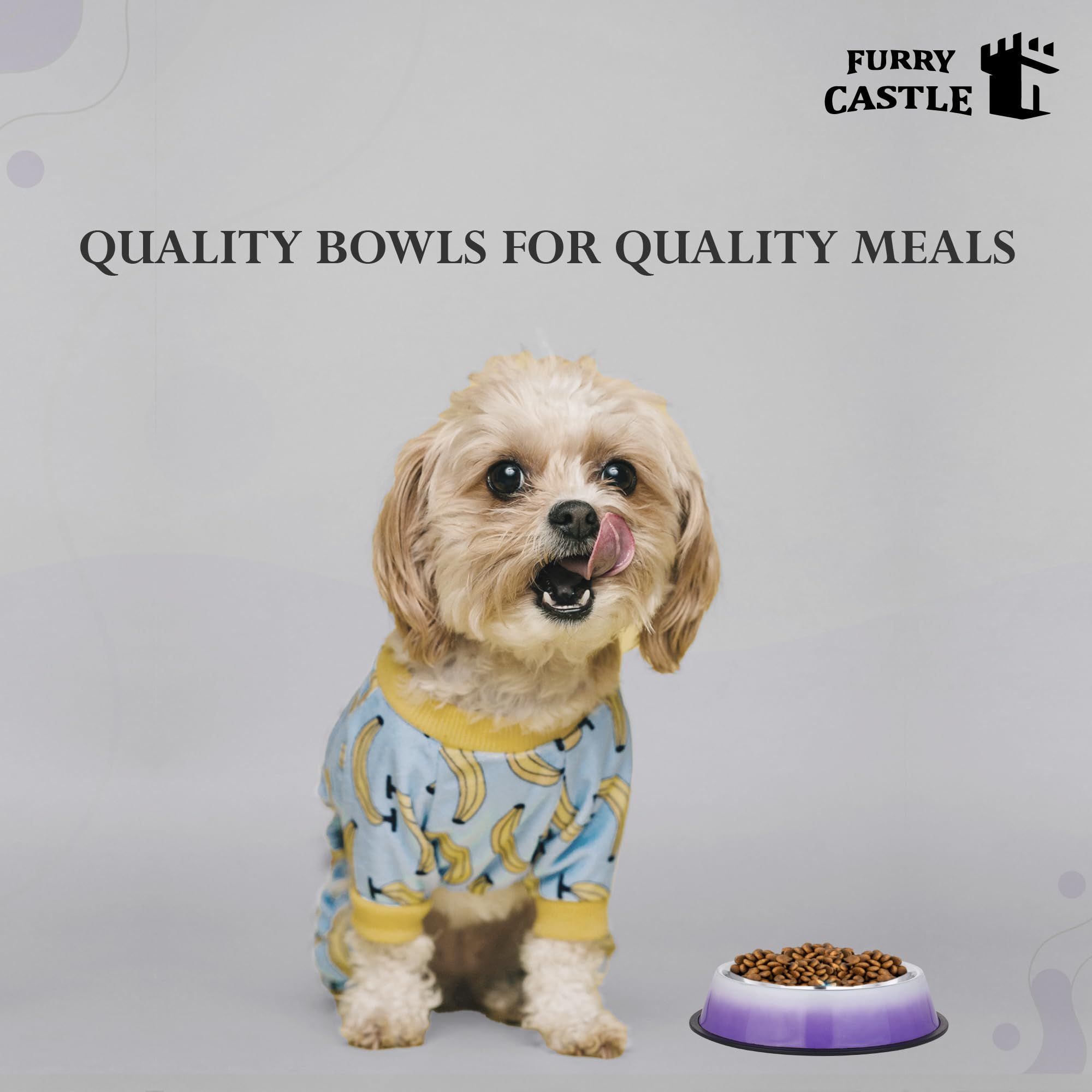 Furry Castle Printed Anti-Skid Stainless Steel Water and Food Feeding Bowl for Small Dogs, Puppies, Cats | Easy to Clean Pet Feeder for Small Dogs, (450ml, Small, Purple) 1