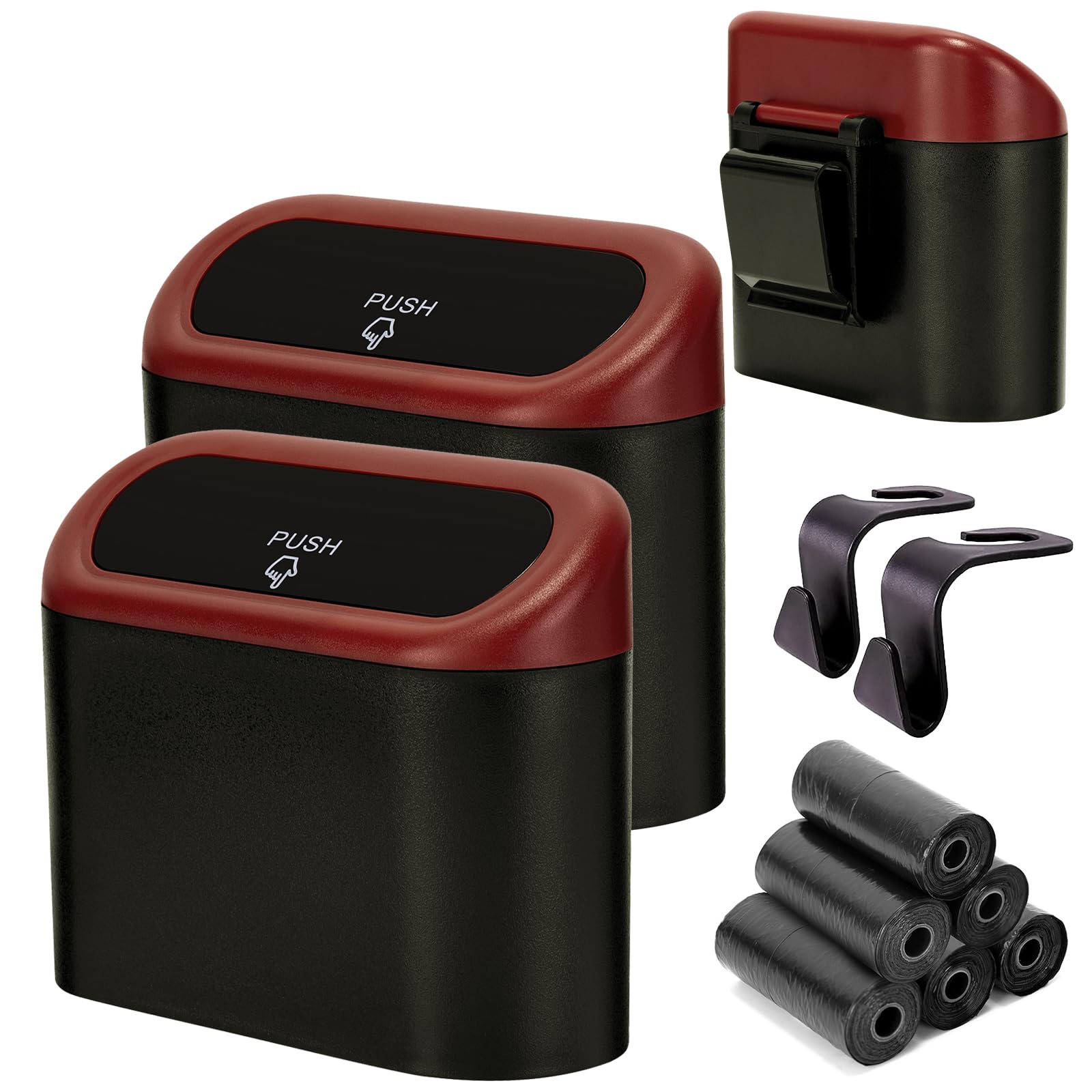 Ginsco Mini Car Trash Can with Lid, 2 Pack ABS Small Car Trash Bin, Car Accessories for Interior, Cute Leakproof Car Garbage Bin, Home, Office with 2 Hooks and 90pcs Trash Bags Red