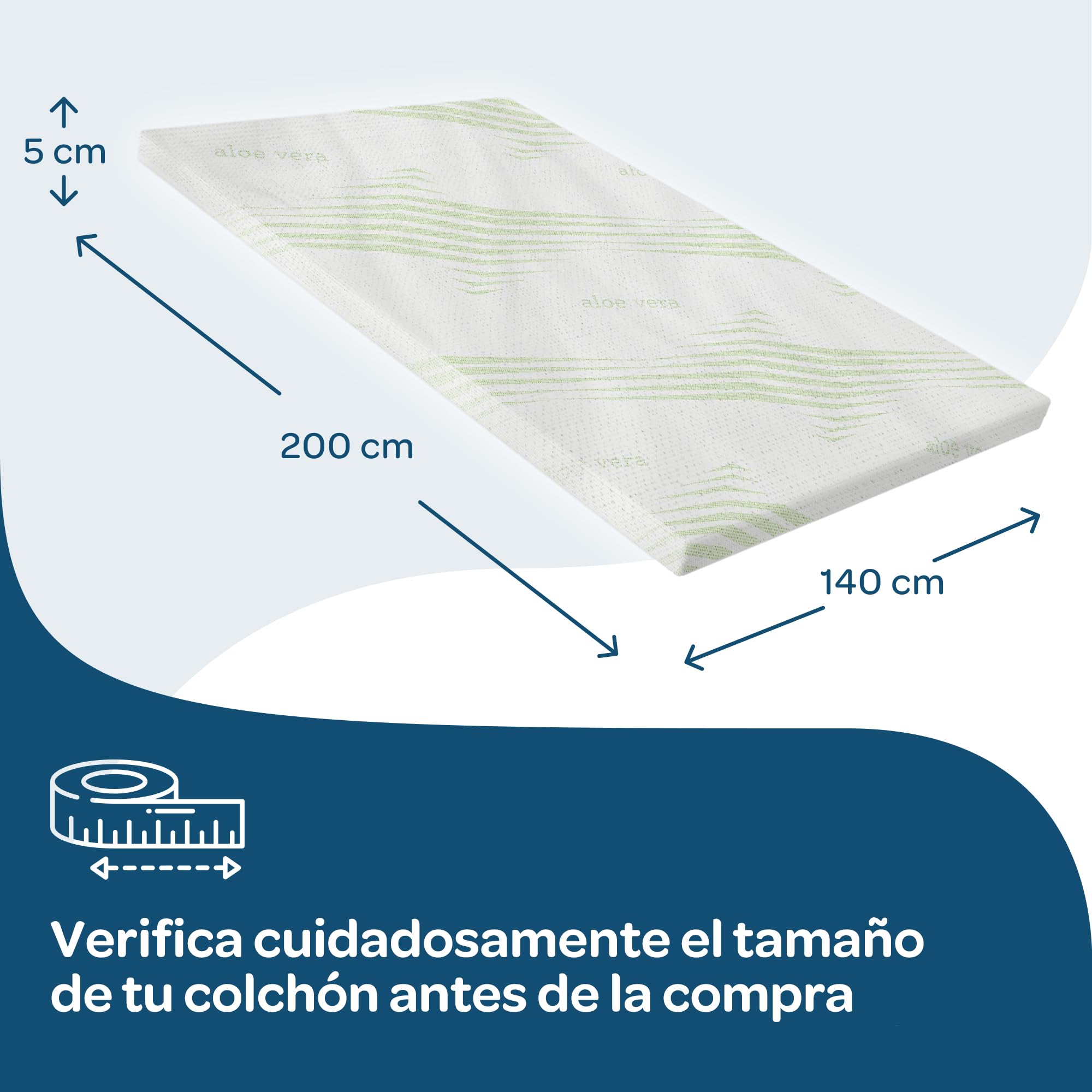 DOLCI SOGNI Topper Viscoelastico 140x200 cm, Espesor 5 cm, Topper 140x200 Espuma Viscoelástica con Funda de Aloe Vera y Elásticos de Sujeción, Sobrecolchon 140x200