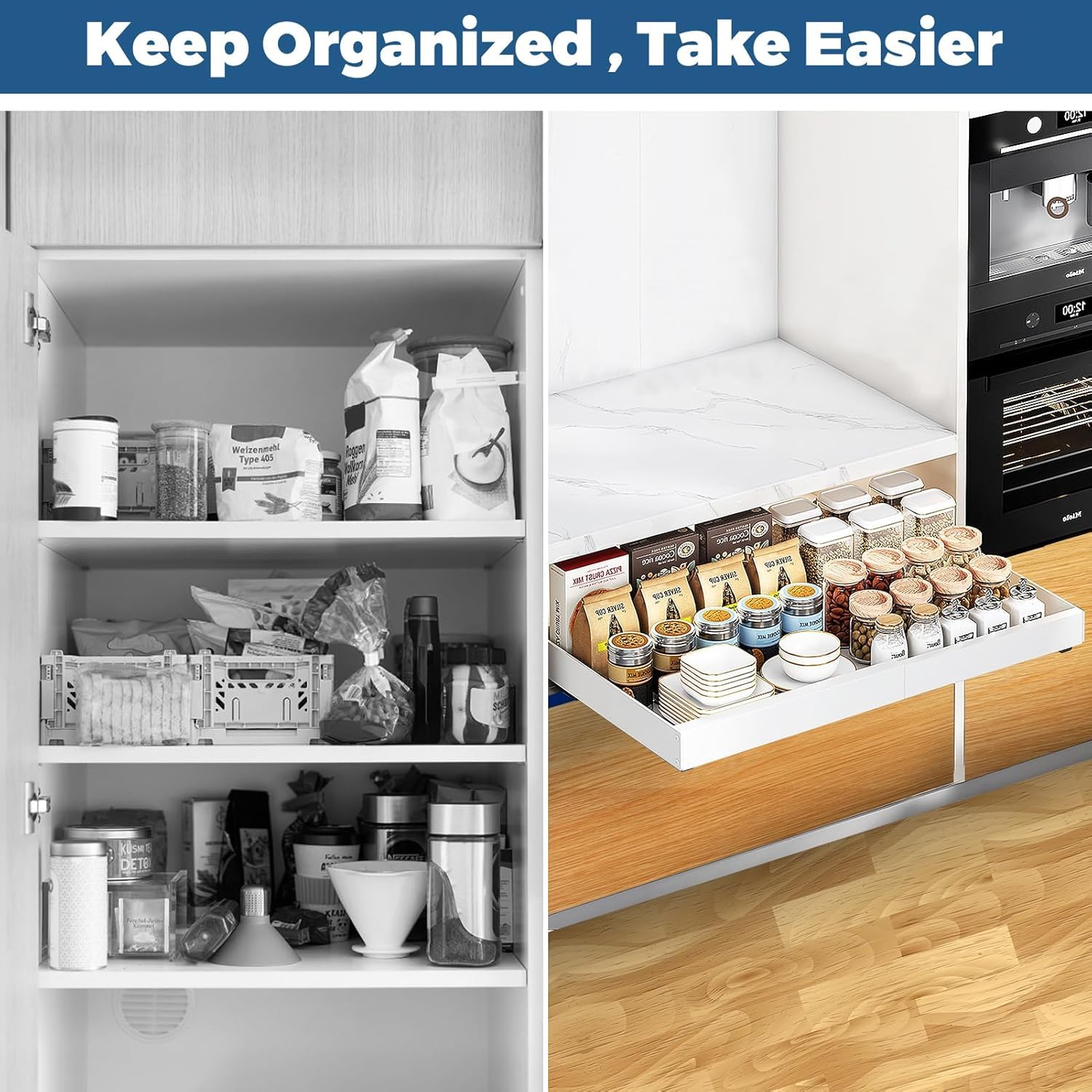 2 cassetti telescopici con sistema a binario, cassetto estraibile da cucina senza foratura, cassetto estraibile per mobili da cucina, organizer per cassetti (2 pezzi bianchi, 32x52cm)
