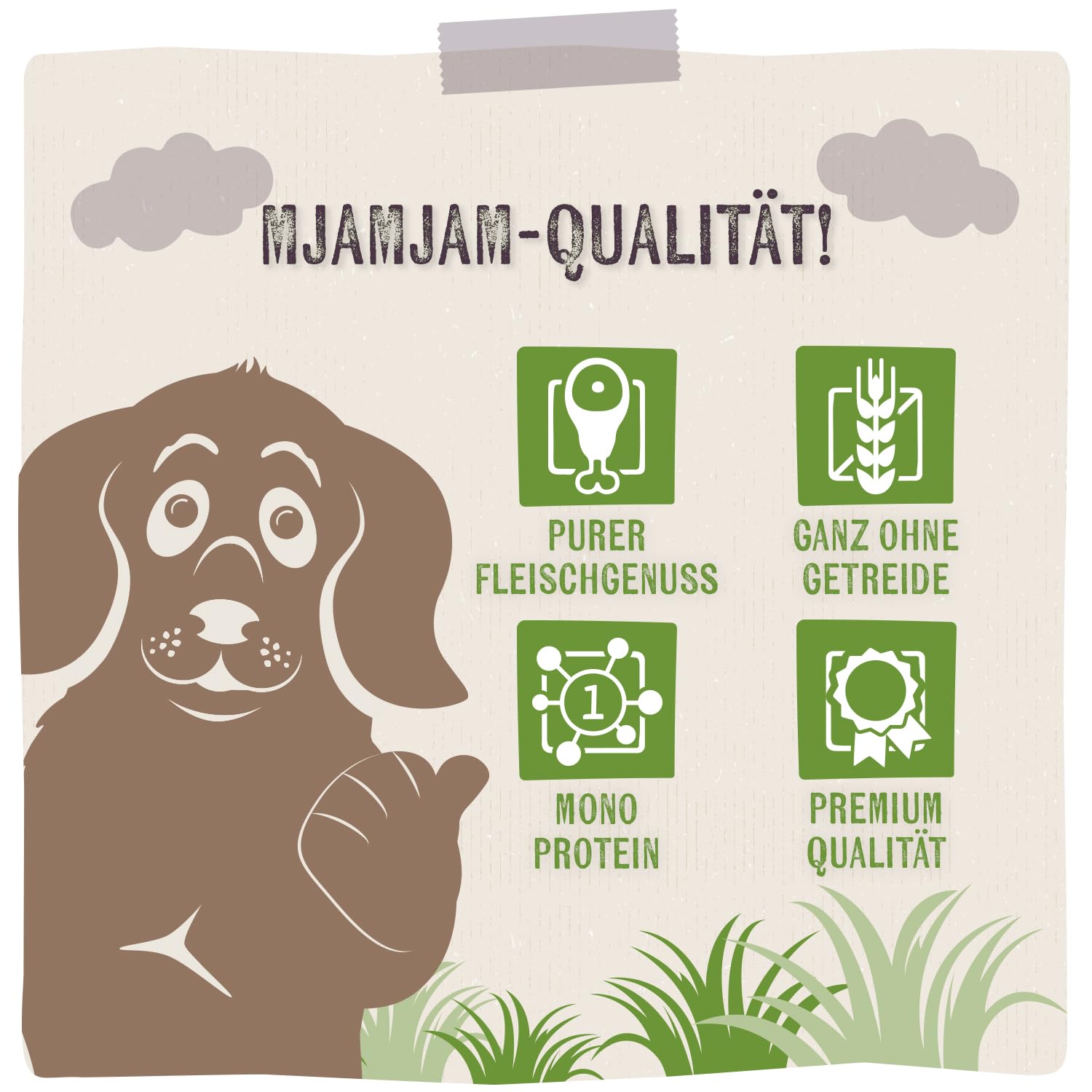 MjAMjAM - Premium Nassfutter für Hunde - Quetschie - purer Fleischgenuss - köstliches Pferd pur, 12er Pack (12 x 125g), getreidefrei mit extra viel Fleisch