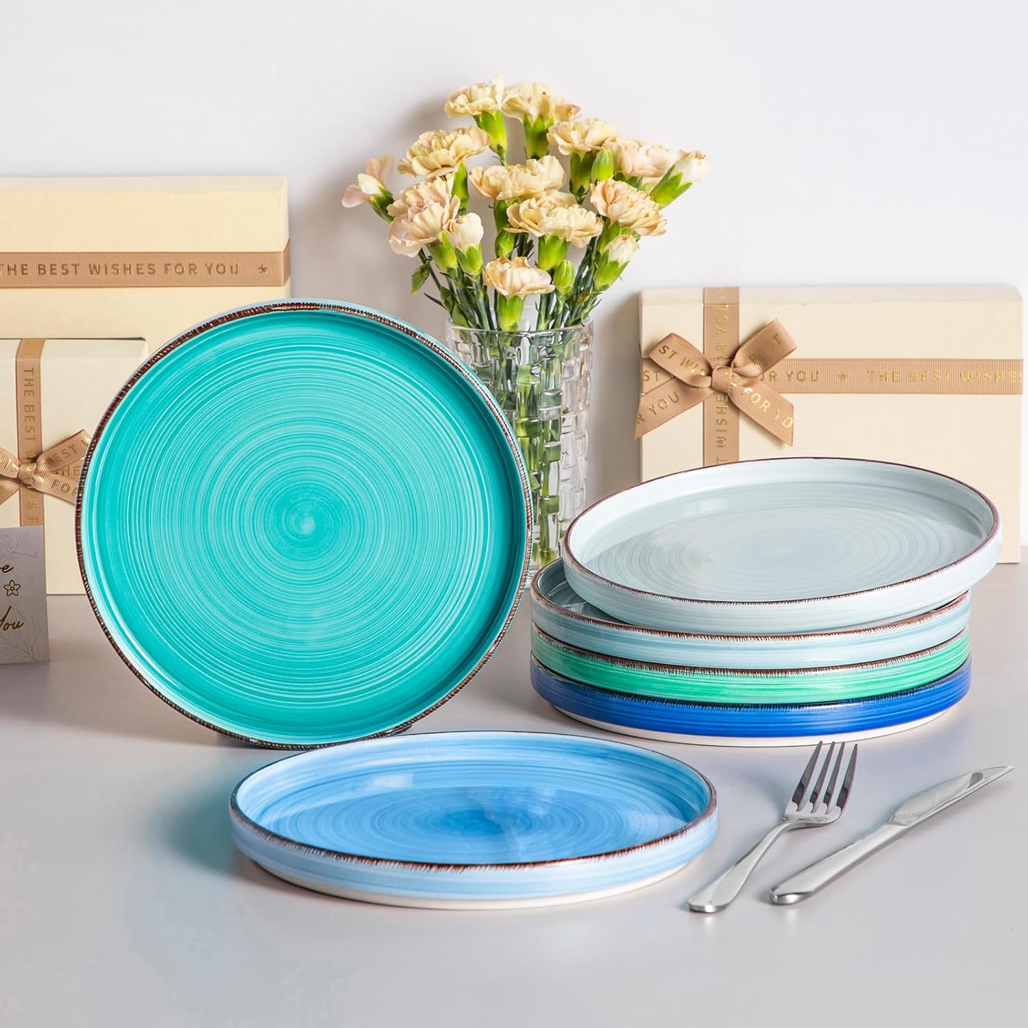 vancasso Bonita 8.5 inch Salad Plates, Ceramic Small Dinner Plates Set, Dessert Plates Set of 6, Microwave,Oven and Dishwasher Safe, Blue - Image 8