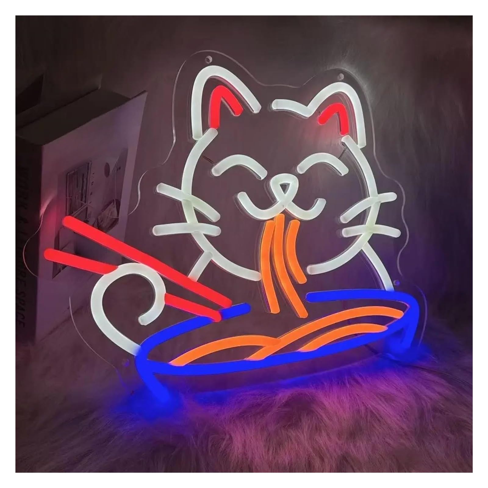 néon signe Enseigne Lumineuse Lucky Cat Ramen, Intensité Variable, USB, Pour Cuisine, Restaurant, Bar, Fête, 37cmx30.5cm