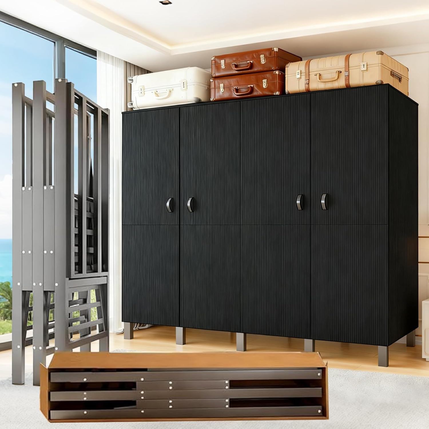 Freestanding Heavy Duty Wardrobe Closet with Magnetic Door, Portable Metal Closets, Foldable Wardrobecloset Organizers and Storage, for Bedrooms, Apartments, and Tenant (Black, 66.1in)