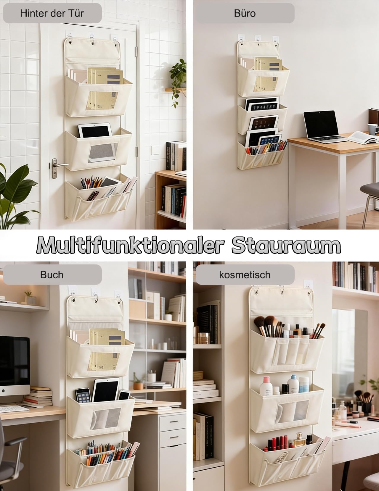 Hängeorganizer 3-Schichten 40x90cm – Faltbarer Wandorganizer aus Oxford-Stoff mit 3 Haken, Tür Organizer ohne Bohren, Aufbewahrung für Badezimmer, Kleiderschrank (Aprikose)