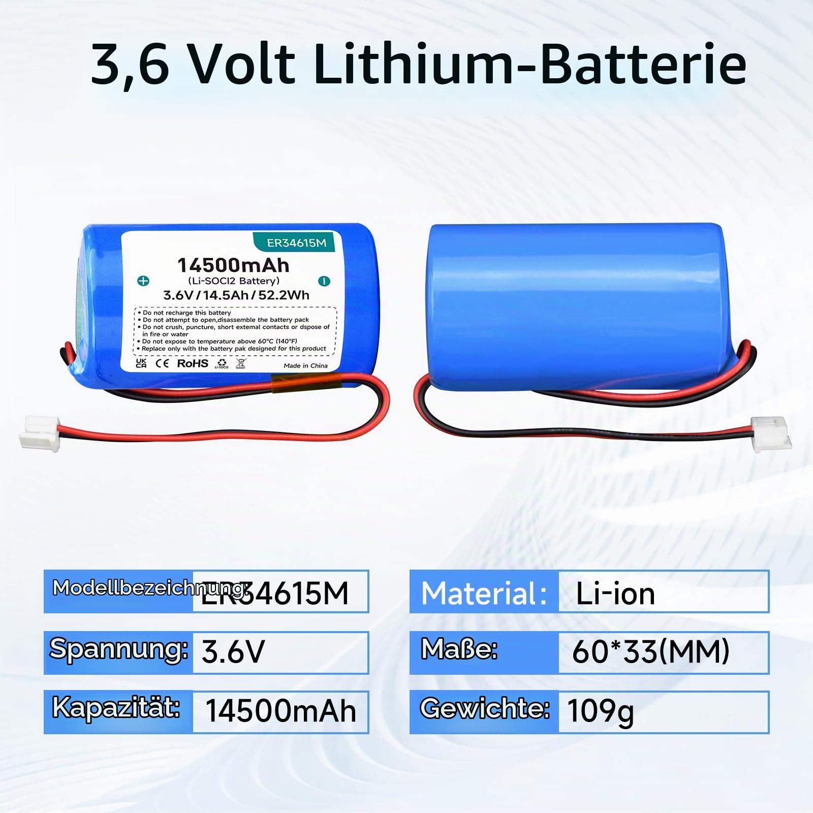 ER34615M D-Size 3. 6V 14500mAh Li-SOCl2 Akku - Ersatz mit hoher Kapazität für ER34615M-T1 DSC WT4911/WT4911B/WT8911/ADT Außensirene (Nicht wiederaufladbar)