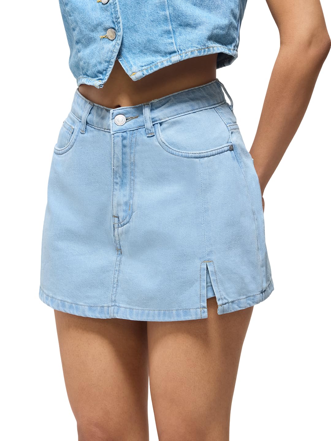 Denim Skorts: Women Buttoned Waistband Ash Grey Solid Cotton Denim Regular Fit Side Slit Raw Hem Comfortable Lightweight Everyday All-Season Skorts-image-30