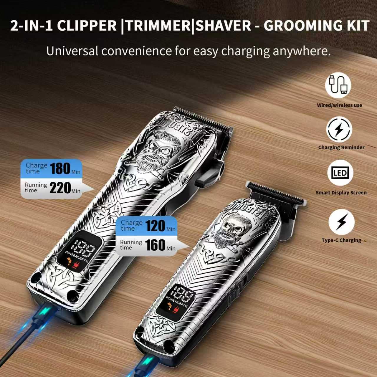 BESTBOMG - Tagliacapelli professionale senza fili per uomo, set e kit da barba, tagliacapelli in metallo con kit di toelettatura e lunga durata della batteria per uso familiare da barbiere (grigio)