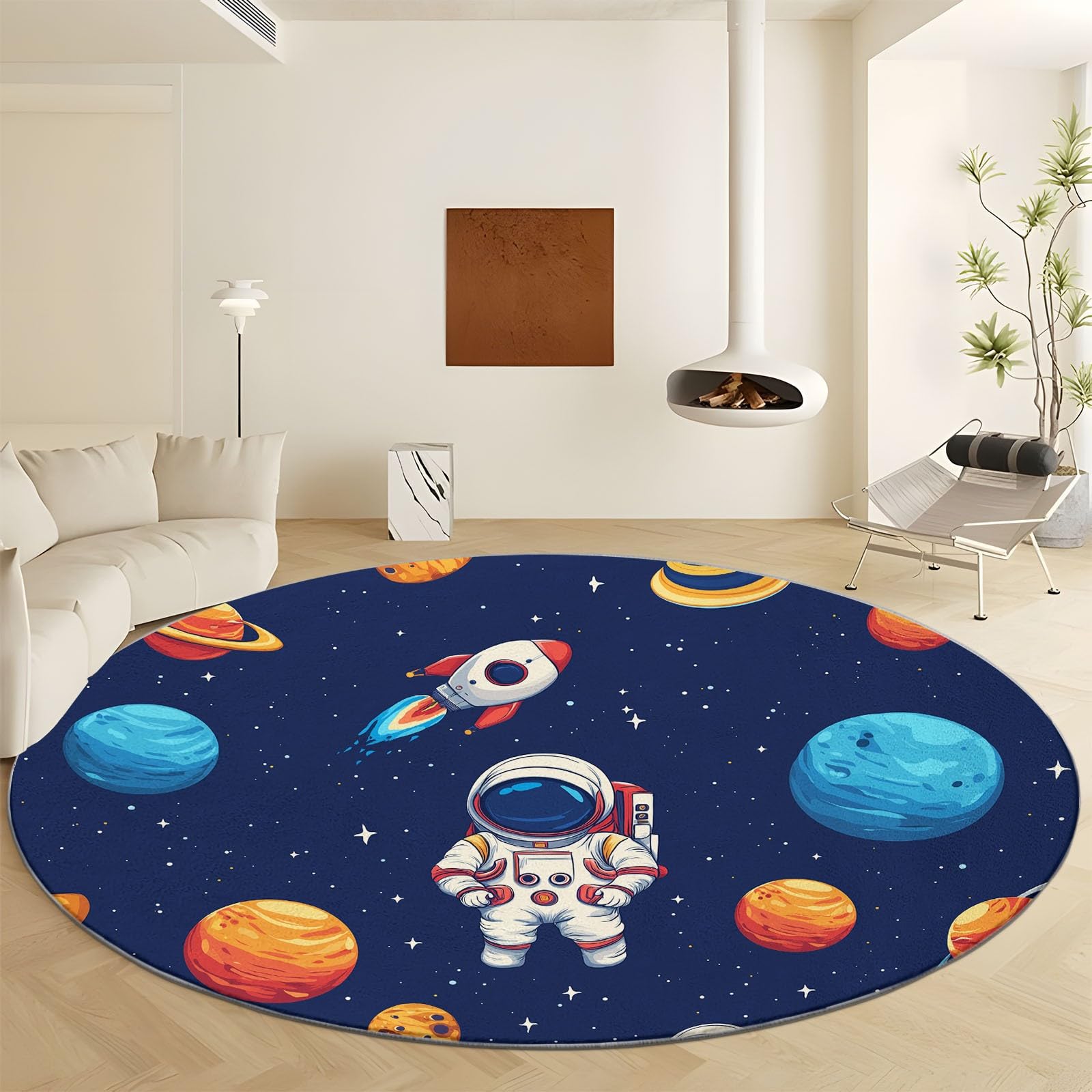 Tapis rond bleu marine 180 cm lavable à poils courts pour chambre