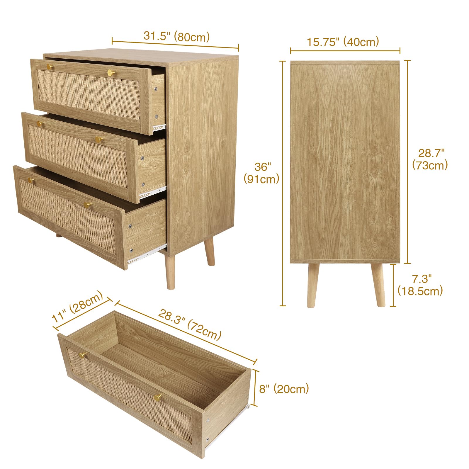 Cómoda con 3 Cajones Cómoda Dormitorio Estrecha con Frontales de Ratán y Patas Elevadas Cajonera para Salón Oficina 80x40x92cm Natural