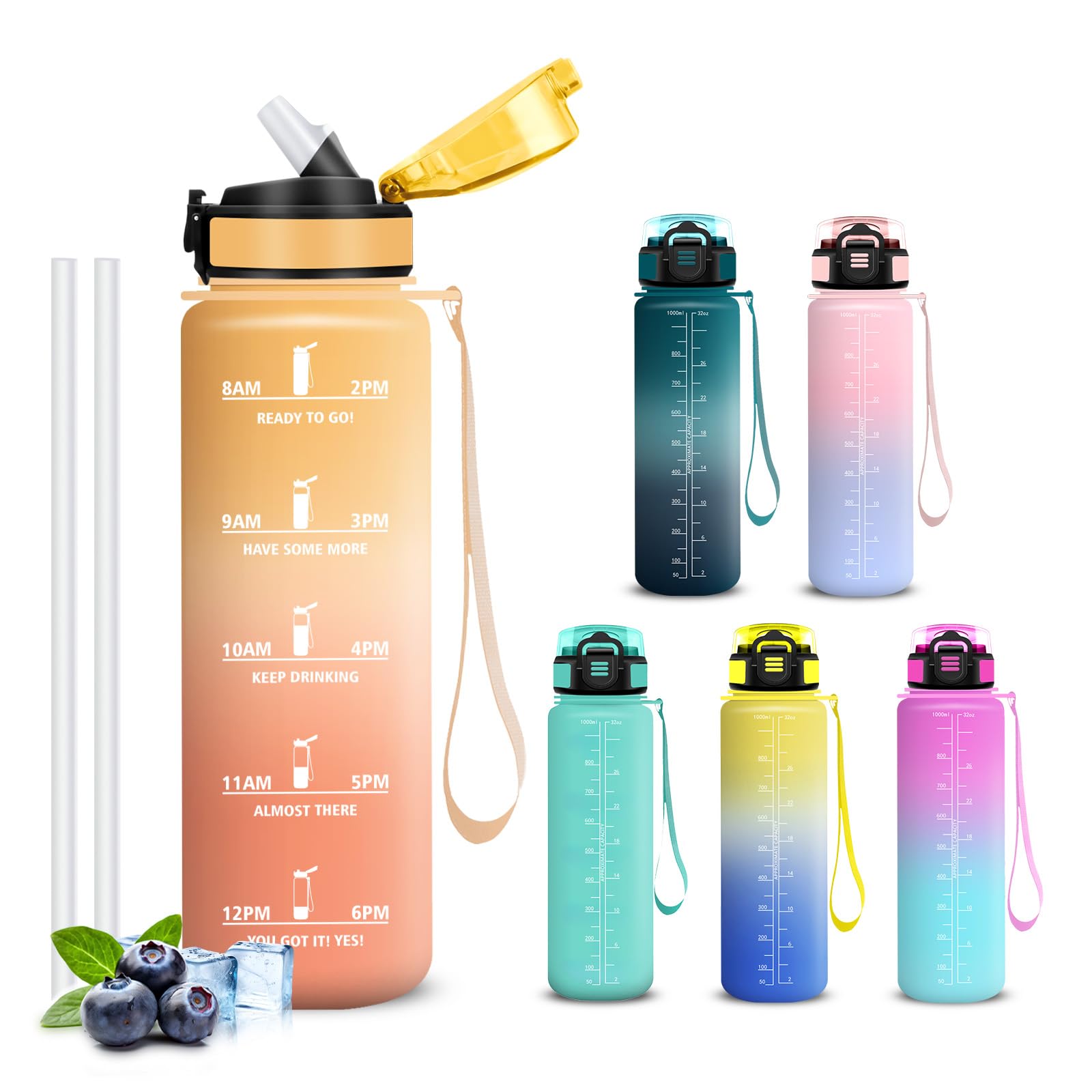 Mujigaga Trinkflasche 1l, Wasserflasche Auslaufsichere, Trinkflasche Sport mit Sichere Verriegelung, Water Bottle Mit Zeitmarkierung und Schnürung,