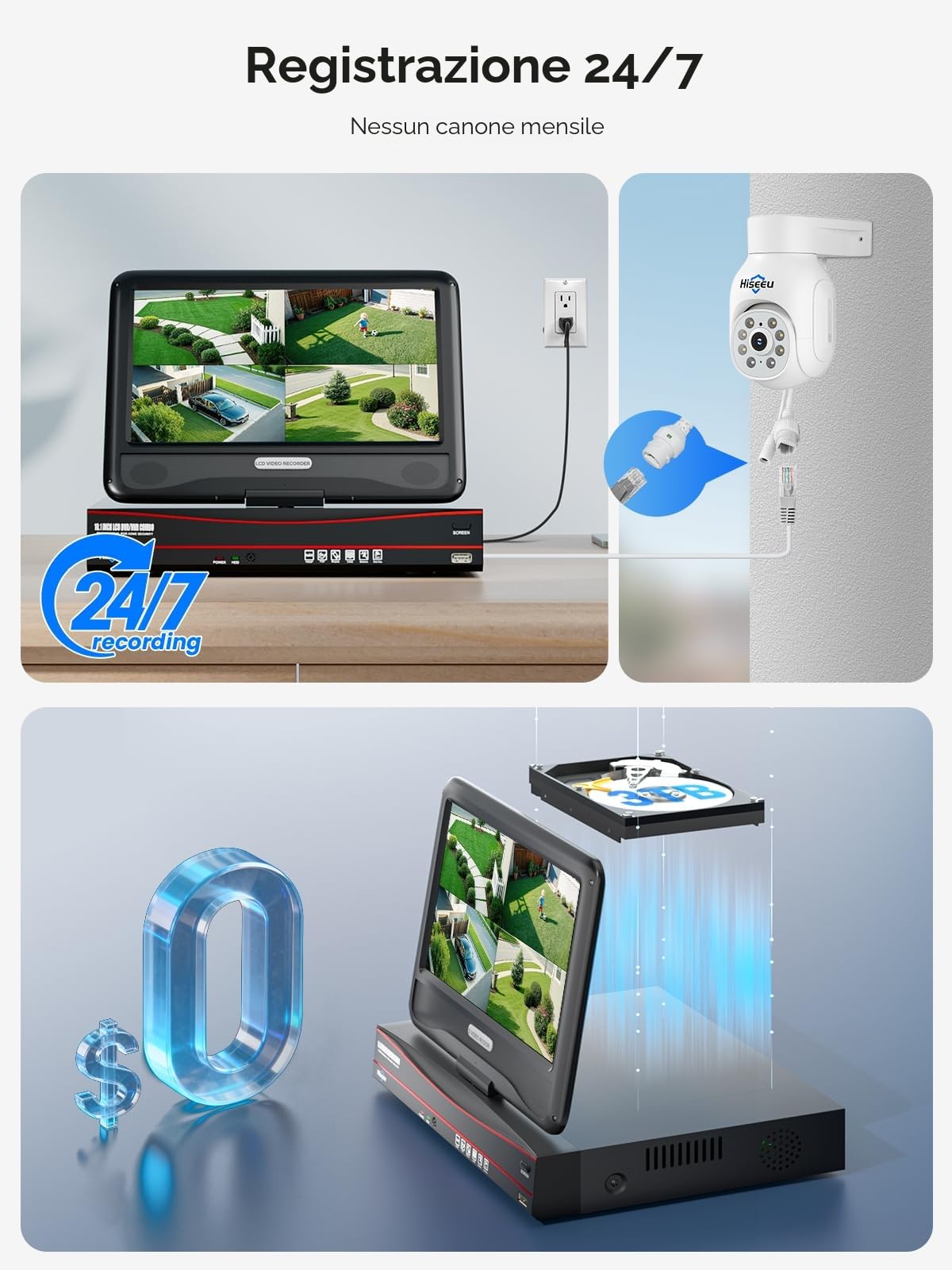 【5MP+PoE PTZ】Hiseeu 5MP Kit Videosorveglianza PoE Esterno, Tracciamento Auto Rilevamento di Uomo, 8CH NVR 3TB HDD 10'' Monitor con 4X5MP Telecamera PTZ, 30m Visione Notturna a Colori, 24/7