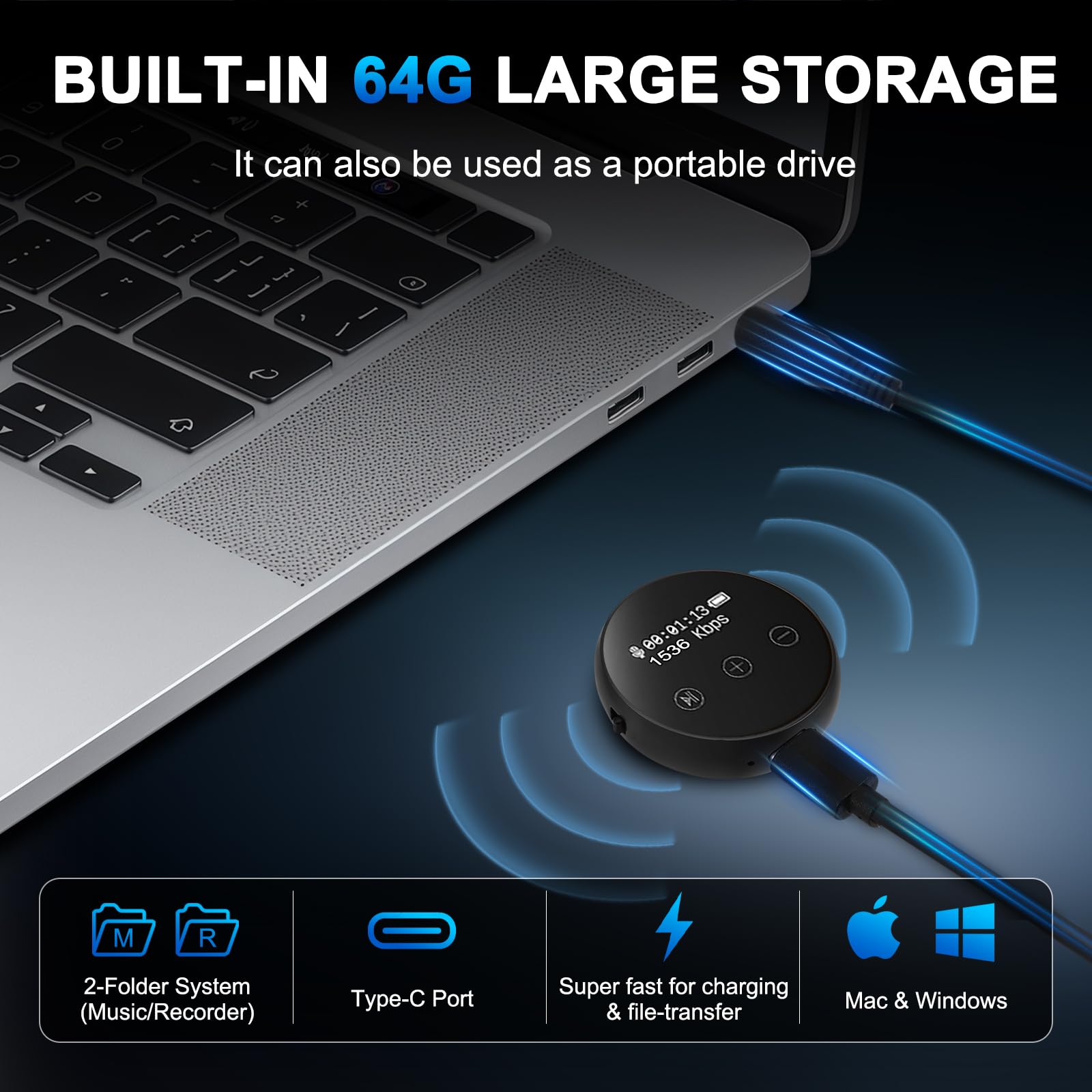 Enregistreur vocal 64G 1536 Kbps, enregistrement à une touche, commande vocale, appareil d'enregistrement audio, 35 heures d'enregistrement, réduction du bruit, enregistreur vocal portable pour