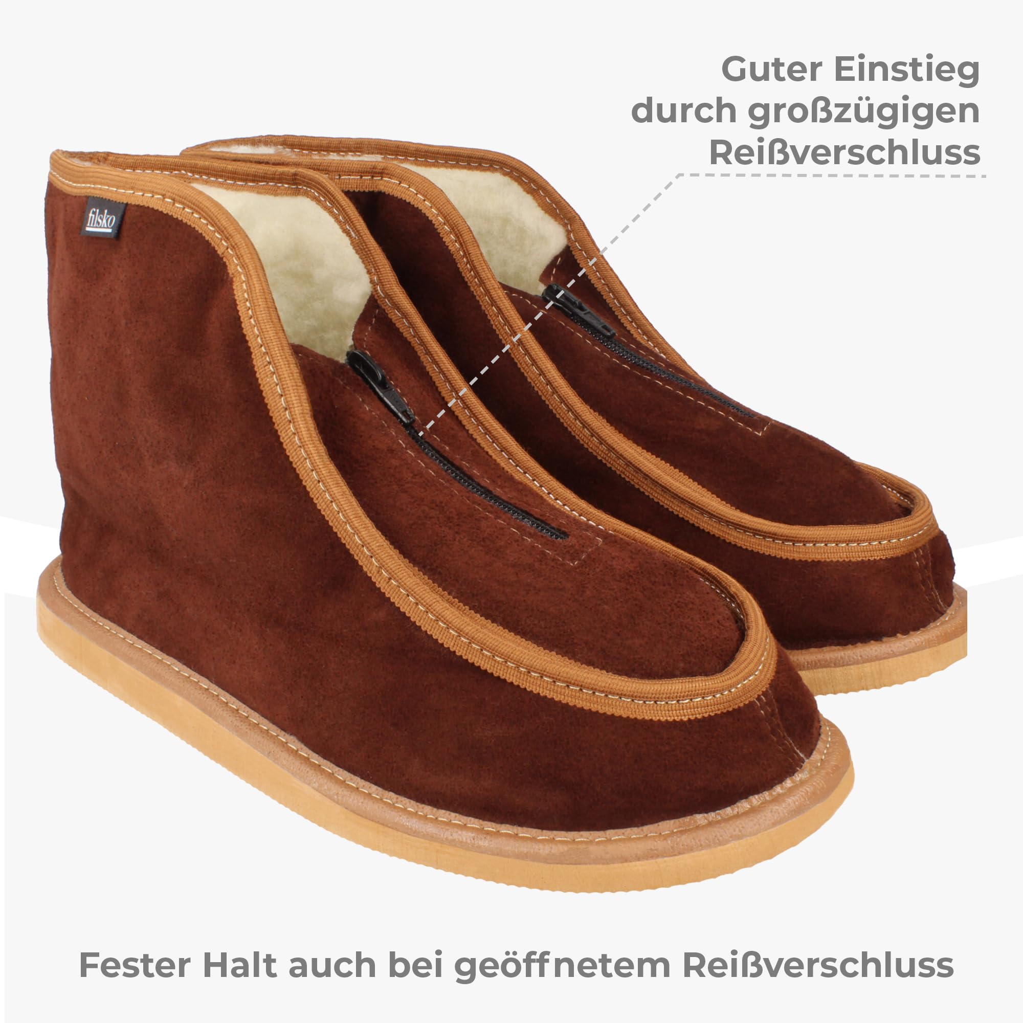 Damen & Herren Hüttenschuhe Hausschuhe | Unisex | in braun Skier | Winterhausschuhe mit Schafwolle gefüttert | mit Reißverschluss | reicht über den Knöchel | EU-Schuhgröße 36 bis 50