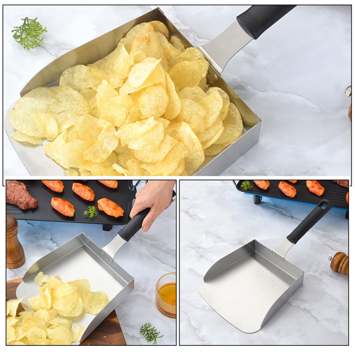 Pala de Papas Fritas de Acero Inoxidable Resistente Diseño Ergonómico para Cocina Doméstica y Supermercado, Utensilio Versátil para Freír y Servir