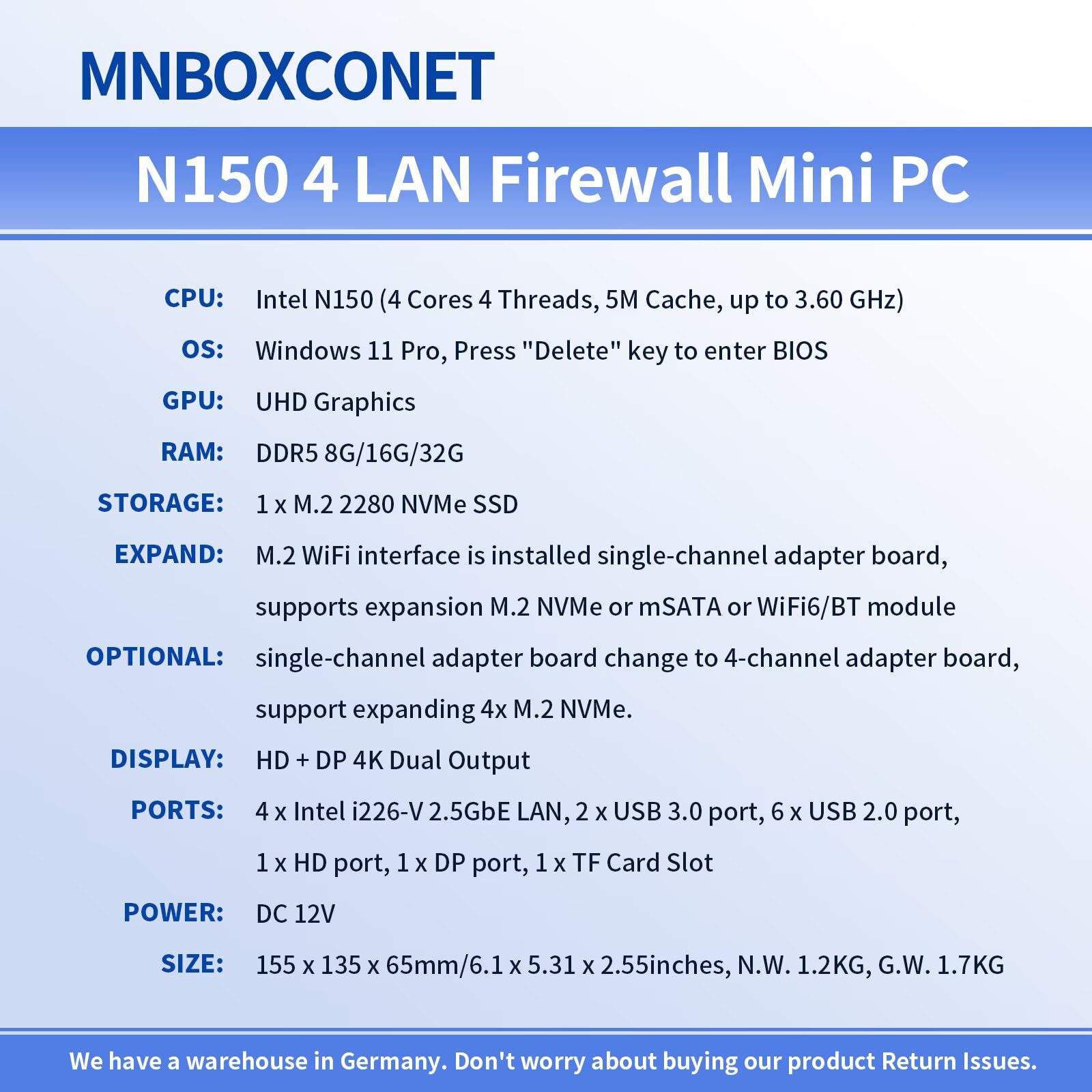 N150 Mini PC Firewall Fanless (up to 3.6GHz), 4 x 2.5GbE I226-V LAN Micro Appliance Hardware Computer DDR5 Barebone, Windows, OPNsense,Dual Display, AES-NI