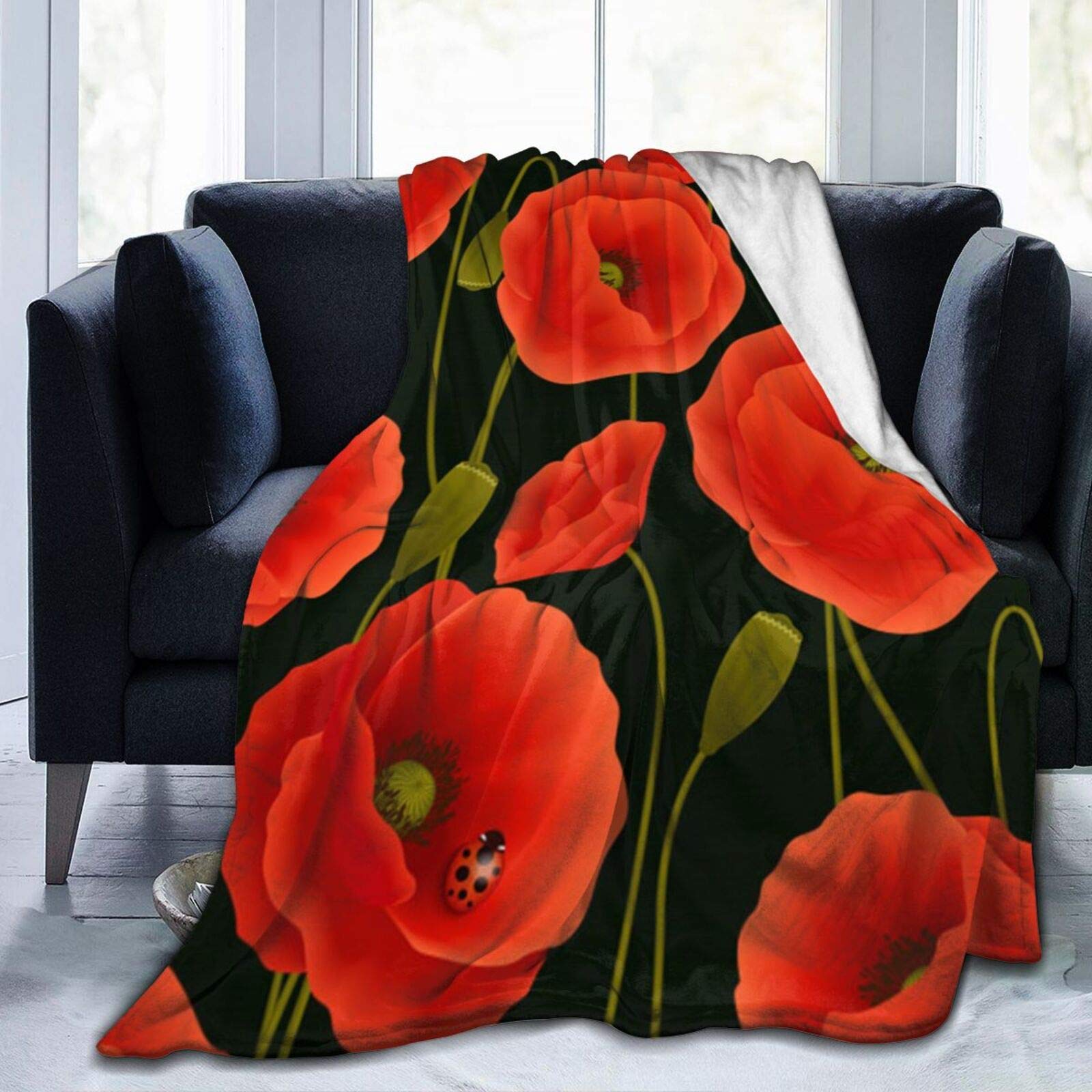 Comrtl Poppy Flowers Flannel Fleece Throw Blanket Bed Blanket Micro Fleece Blanket Warm Soft Lightweight Cozy Microfiber Blanket Throw For Bed Couch Sofa All Seasons