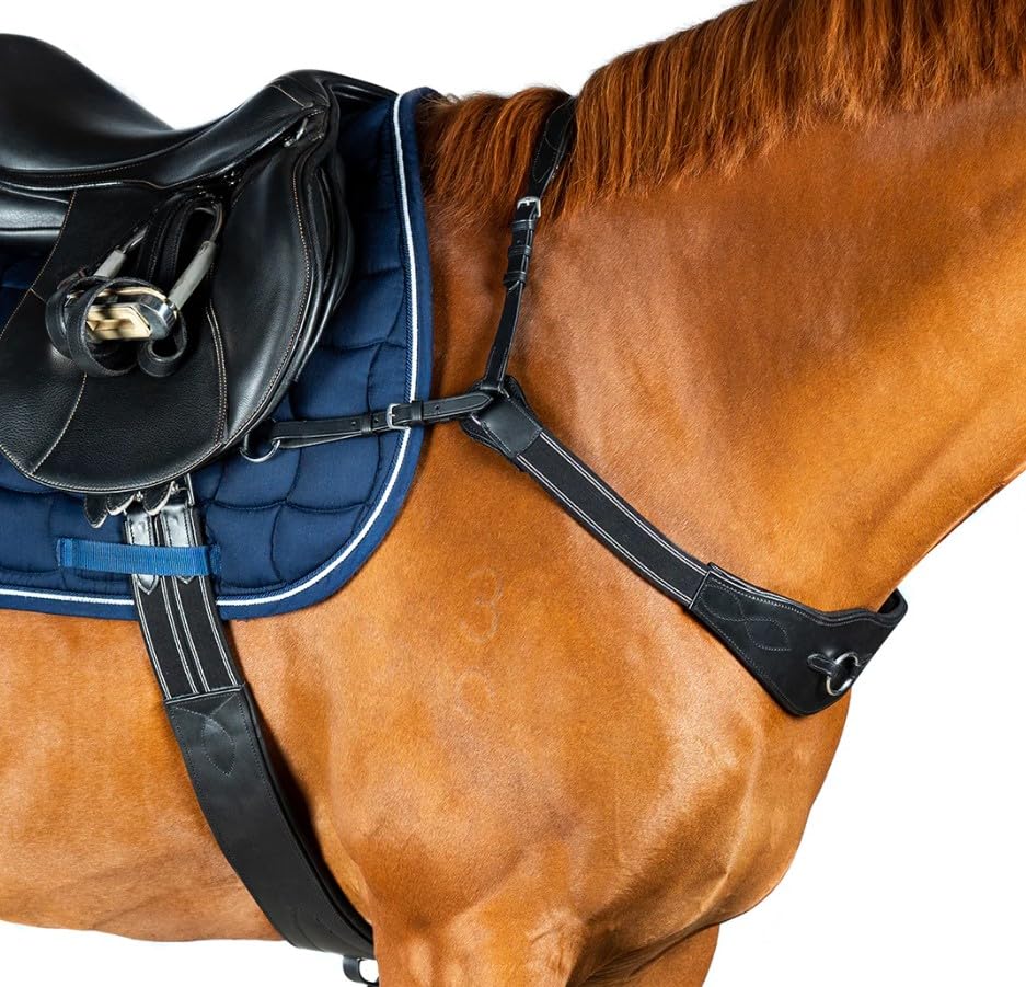 Pettorale elastico a 3 punti con imbottitura in gel, anelli martingala rimovibili, pelle marrone (nero, pony)