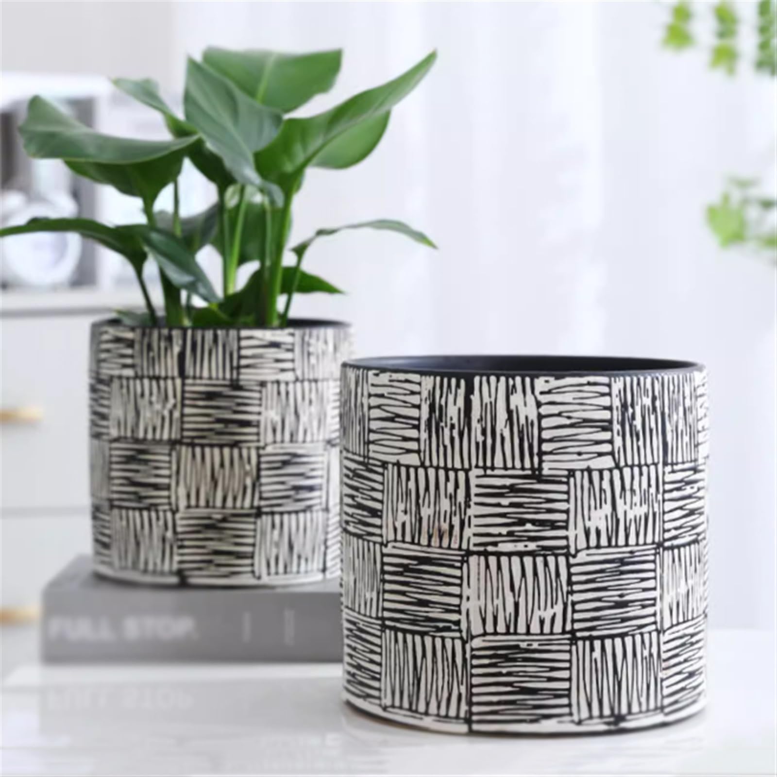 pot de fleur Pots de plantes à motif de courbe simple, pots de fleurs ronds et droits, sol en céramique, grandes jardinières d'intérieur avec trous de drainage, respirants cache pot ceramique(Yellow,G