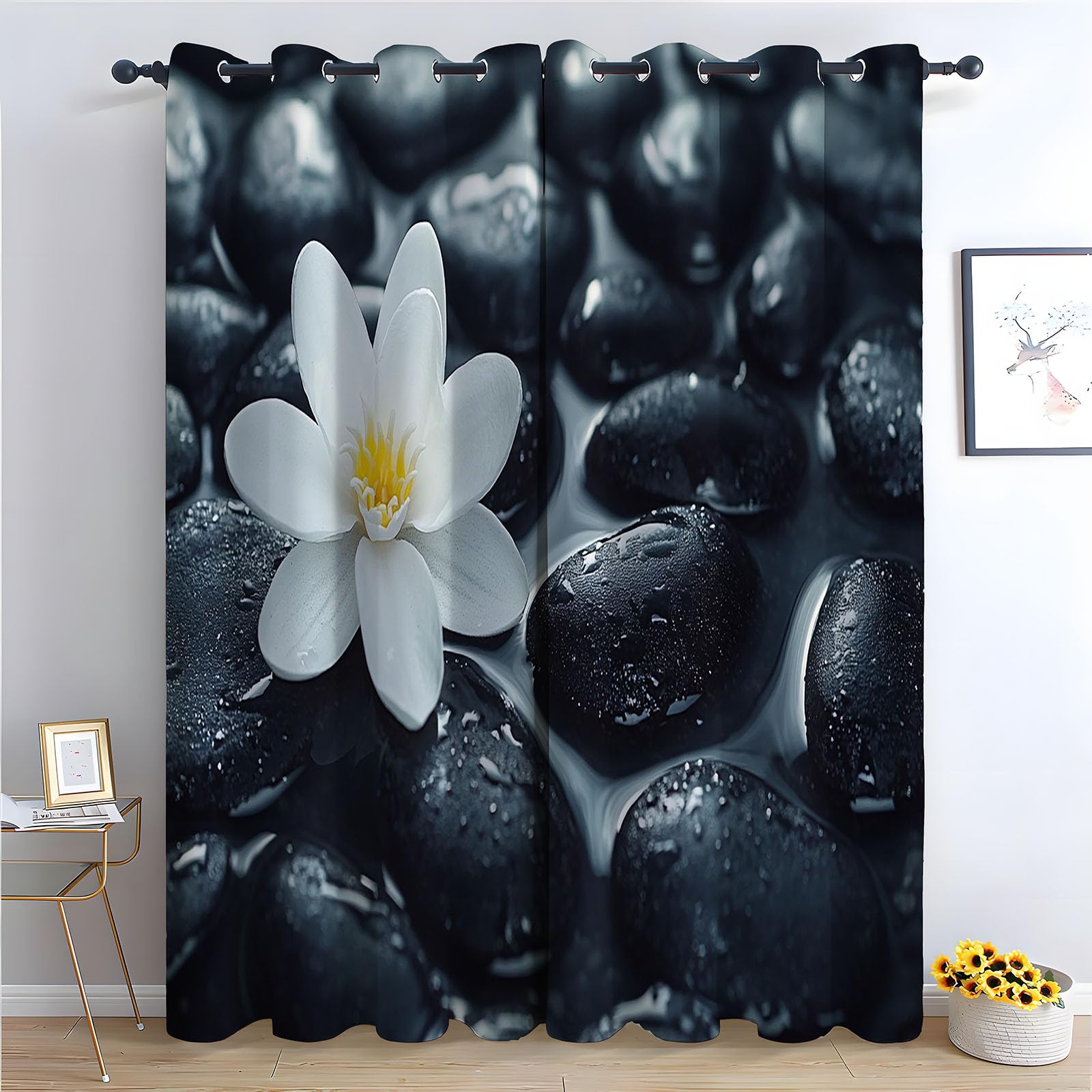 WIKEO Curtains for Living Room Beach Stones And Flowers Blackout Grommet Drapes Printed Pattern Floral Window Curtain Panels for Bedroom Aesthetic, 2 Panels Set-52 W x 108" L (Pack of 2)