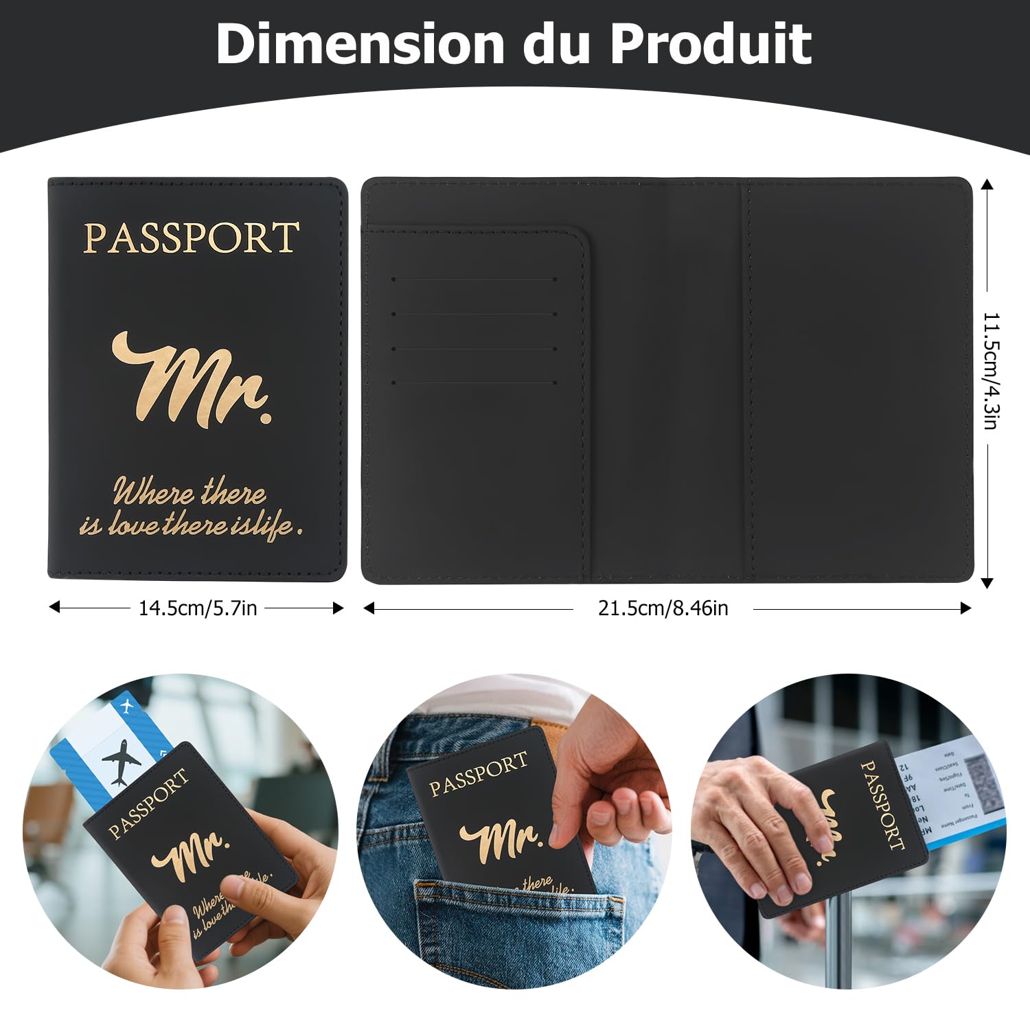 Protege Passeport Protection Francais - Pochette Passeport Etui de Voyage Cuir PU de Qualité Design Distinctif pour Hommes et Femmes(Noir Mr)