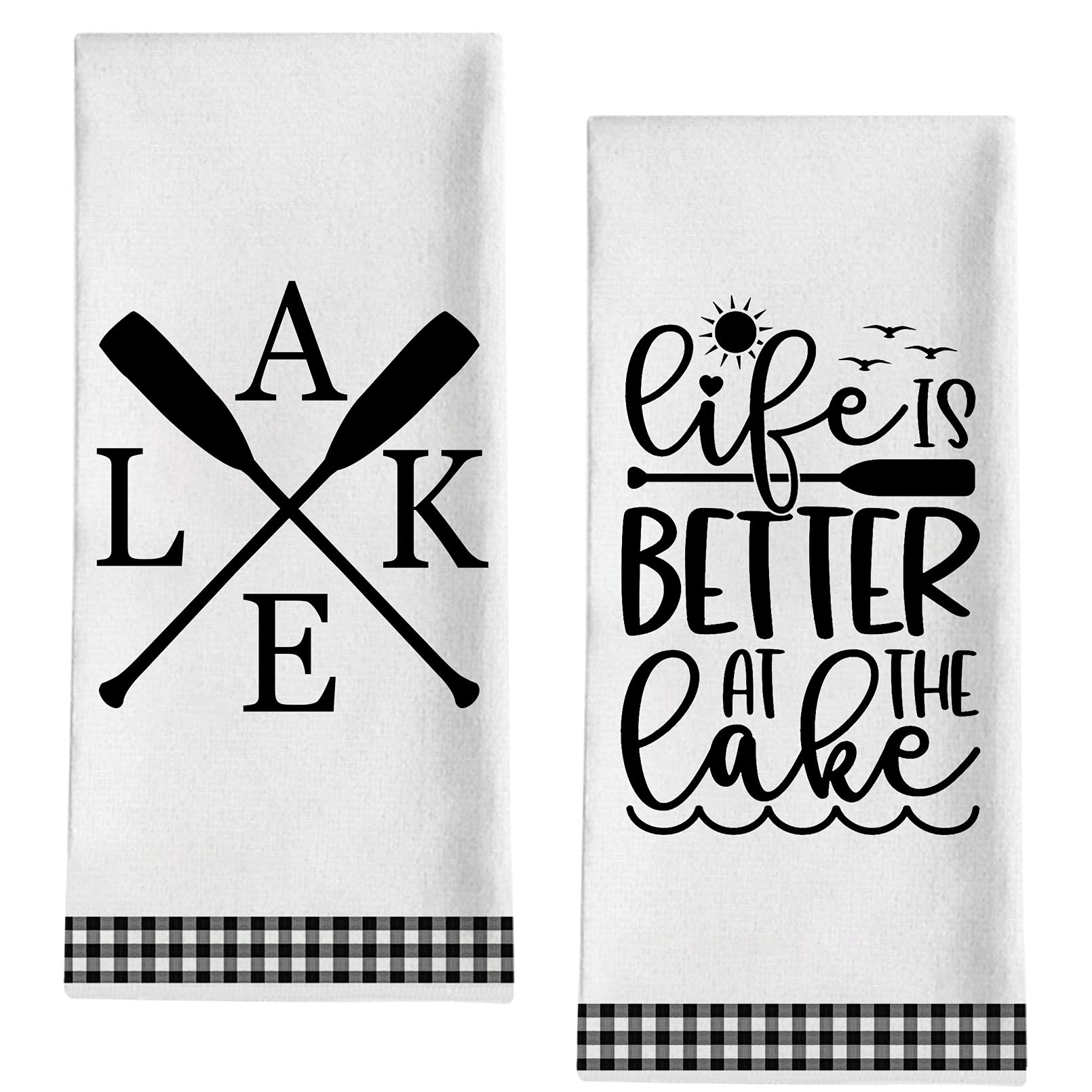 Seliem Life is Better at The Lake House Spring Summer Kitchen Dish Towel, Black White Buffalo Plaid Check Paddle Tea Bar Hand Drying Cloth, Winter Farmhouse Oar Decor Sign Home Decoration 18” x 28”