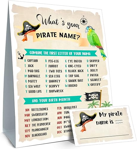 What is Your Pirate Name Game - Tarjetas de actividad pirata, ideas de suministros de decoración, letrero de fiesta de cumpleaños pirata para niños, disponible en Yaxa Mexico