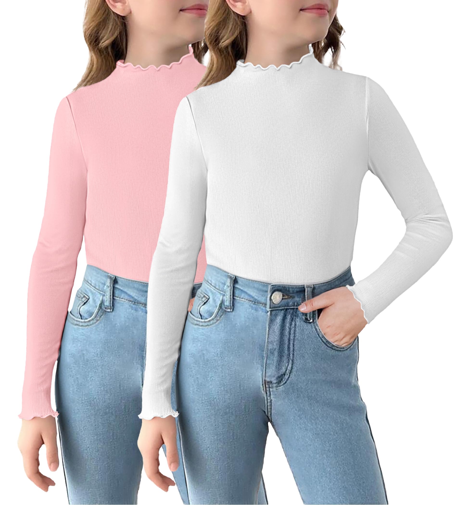 Arshiner Girls 2 Packs Lettuce Trim Mock Neck Long Sleeve Shirts Ribbed Knit Slim Tops Casual Trendy Base Layer Tee