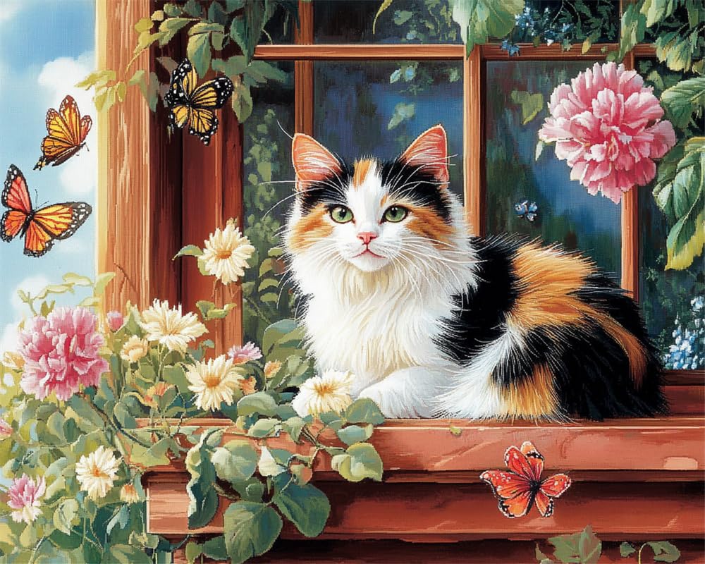 Kitquiver Latch Hook Rug Kits Calico Cat and Butterflies in A Courtyard Cro